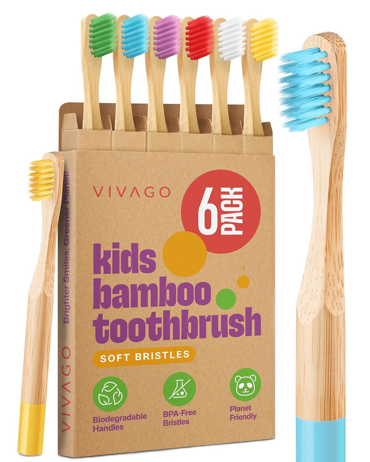 Kids Toothbrush with Soft Bristles 6 Pack - Toddler Toothbrush with Colorful Bamboo Handles Kids Bamboo Toothbrushes Kid