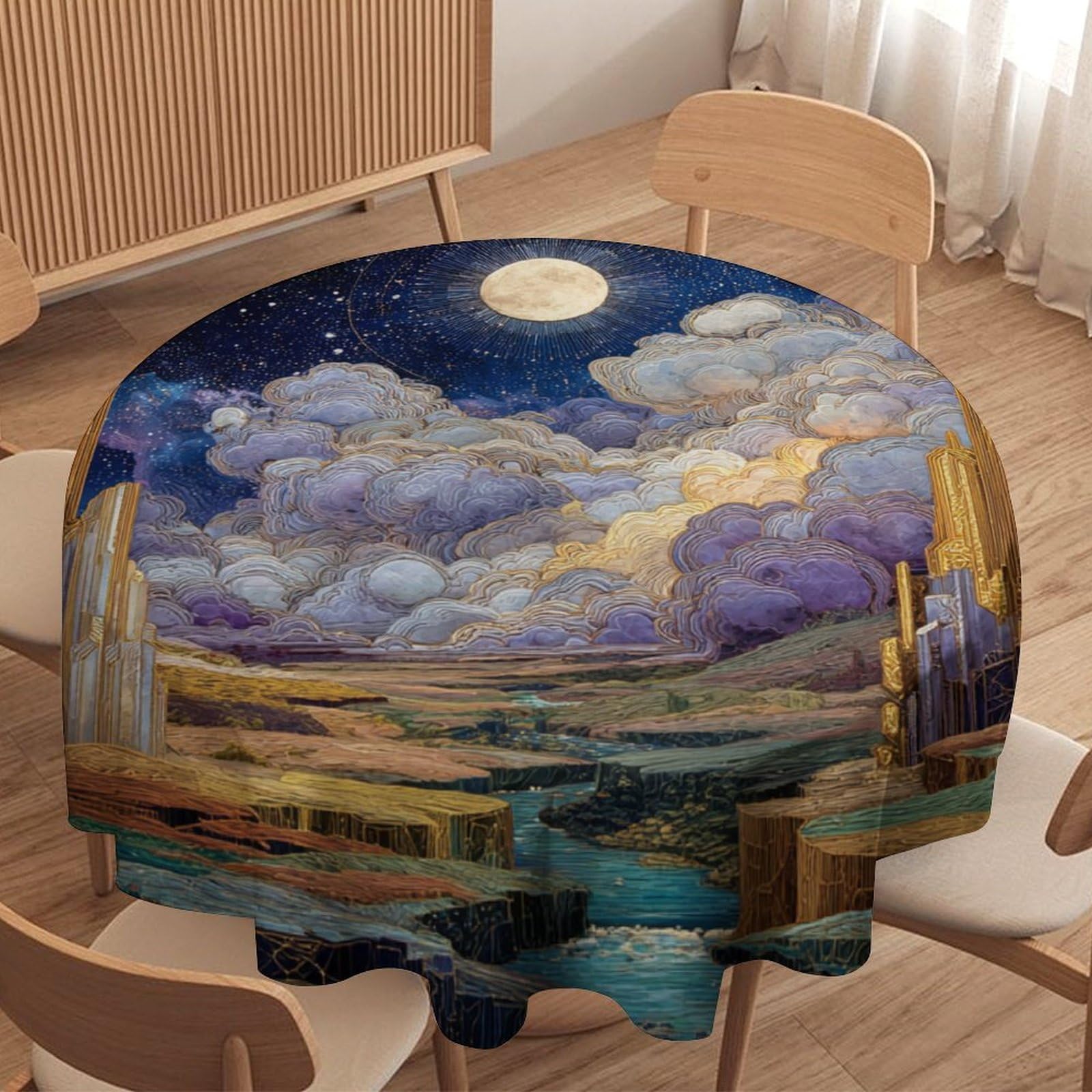 LUYYSKY Vintage Geometric Fantasy Archway Waterproof Round Tablecloth Beautiful Abstract Full Moon Starry Sky Outer Space Galaxy Washable Table Cover for Kitchen-91.4" Wx91.4 L cm
