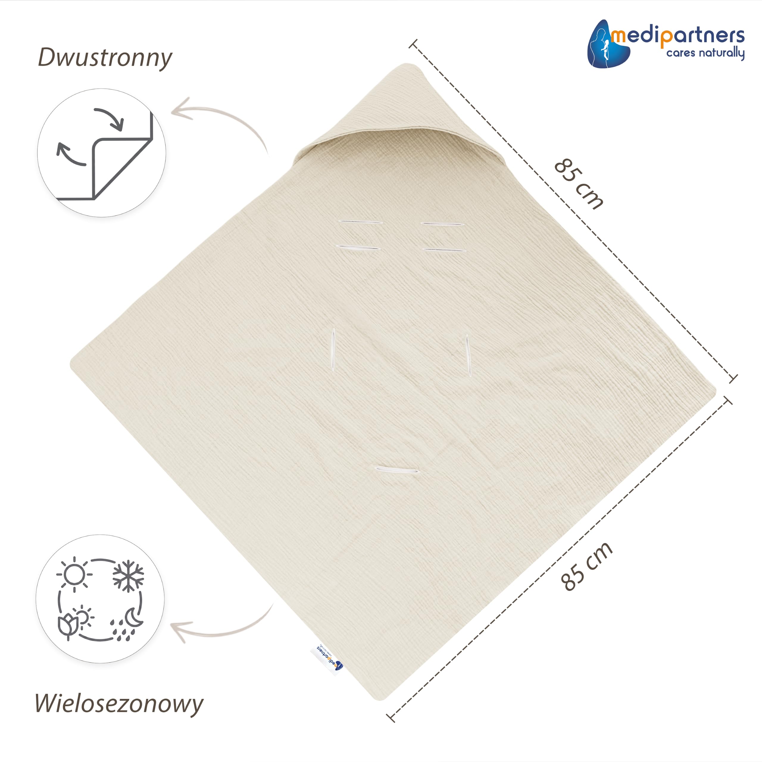 Medi Partners Otulacz z kapturkiem 100% bawełna na lato 85x85 cm kocyk wózka uniwersalny kocyk niemowlęcy kapturek do wózka kocyk do fotelika samochodowego (Beż)