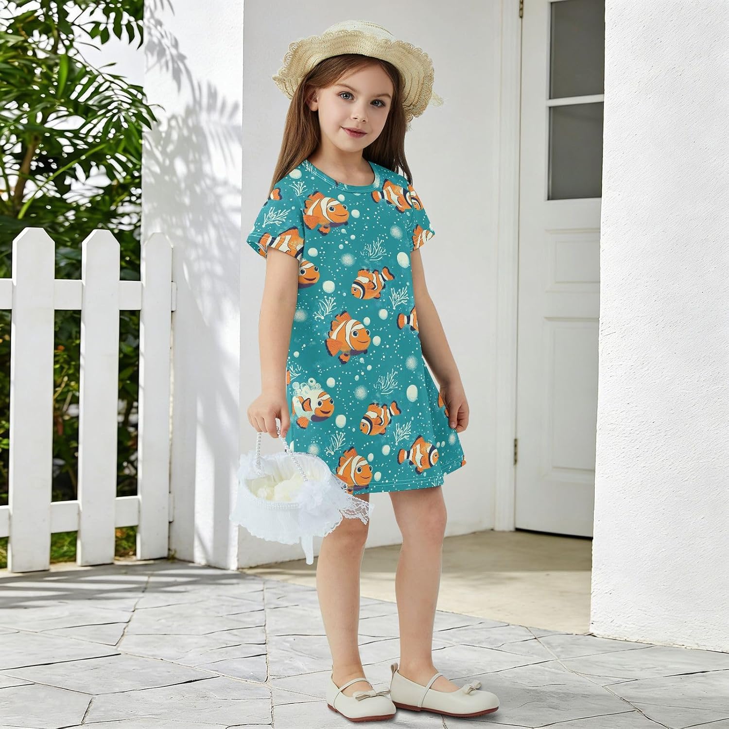Deep Sea Fish Girls Dresses Summer Dresses for Girls with Cotton Short Sleeves for Casual a Line Dress Size 2-8Y
