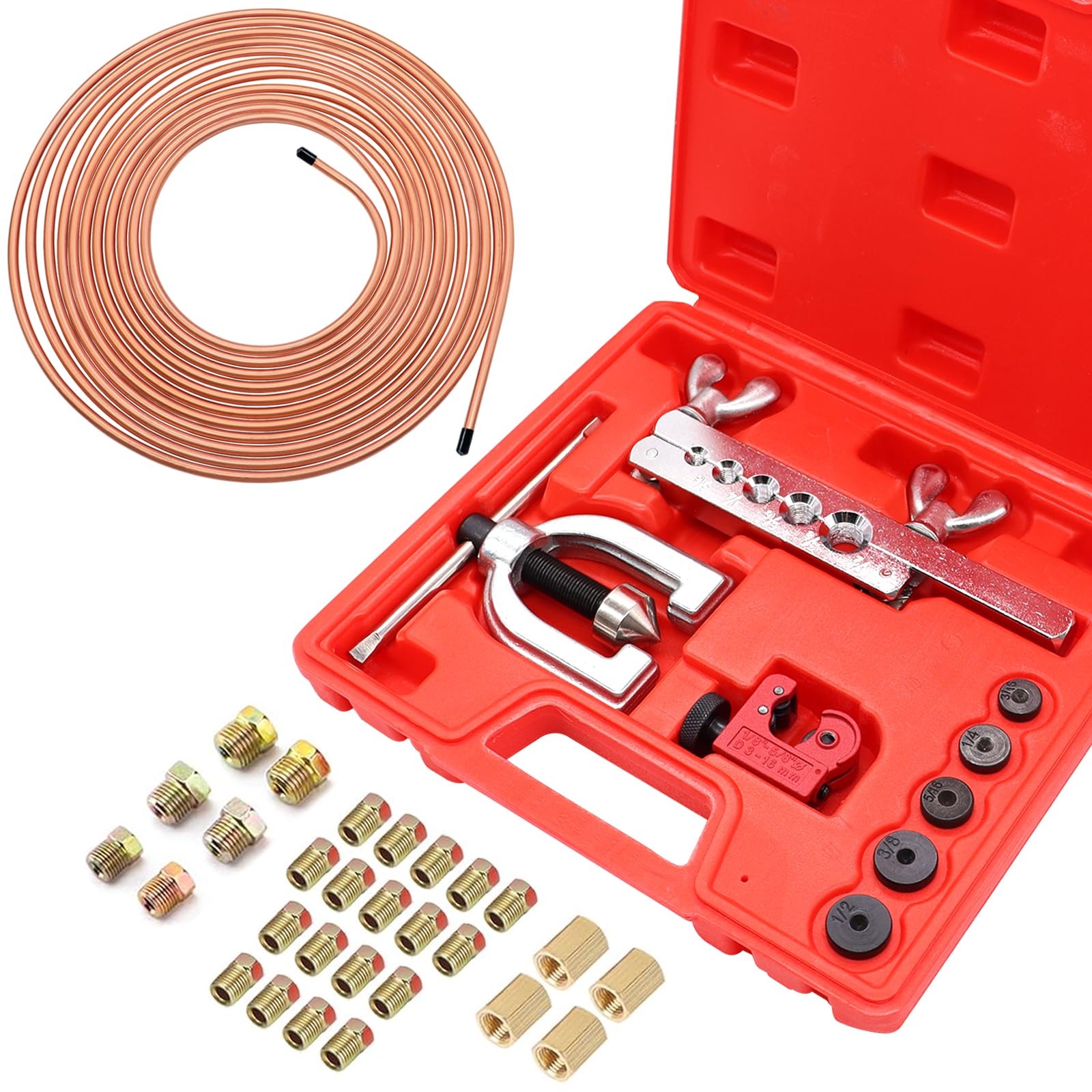 25 ft 3/16inch Copper Coated Brake Line Kit(Includes 24 Fittings and 4 Unions) with Double & Single Flaring Tool Kit