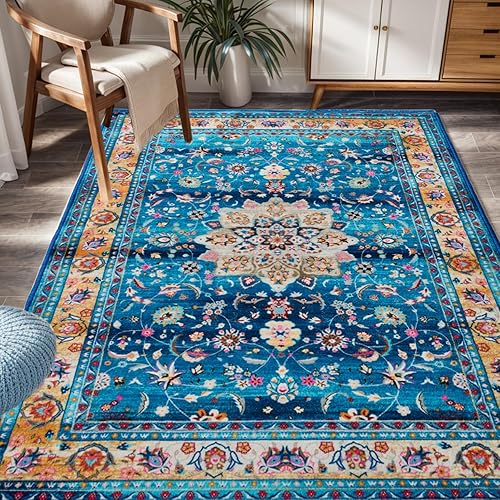 Bohemian Soft Area Rug - 5x7 Large Boho Vintage Bedroom Rug, Machine Washable Enterway Mat Non Slip Low Pile Carpet for Living Room Bedroom Dining Room Laundry Room (Blue/Beige)