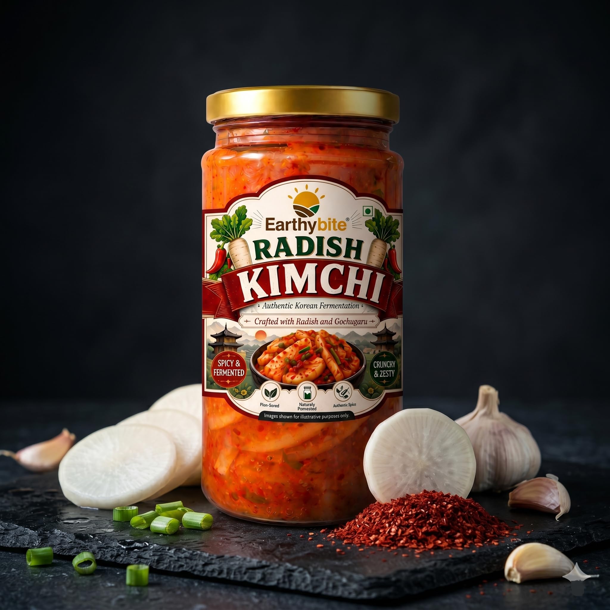Earthy Bite Authentic Radish Kimchi 250g – Premium Korean Fermented Mooli Kkakdugi Kimchee | Spicy Probiotic-Rich Gut Support | Vegan, Plant-Based Pickled Side Dish | Ready-to-Eat, Preservative-Free