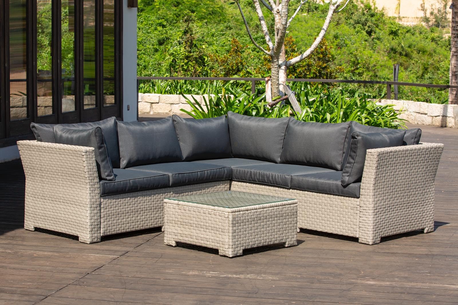 Chesterton Luxury Juego de 5 plazas de ratán para jardín con cojines, color negro, 230 x 146 x 67 cm