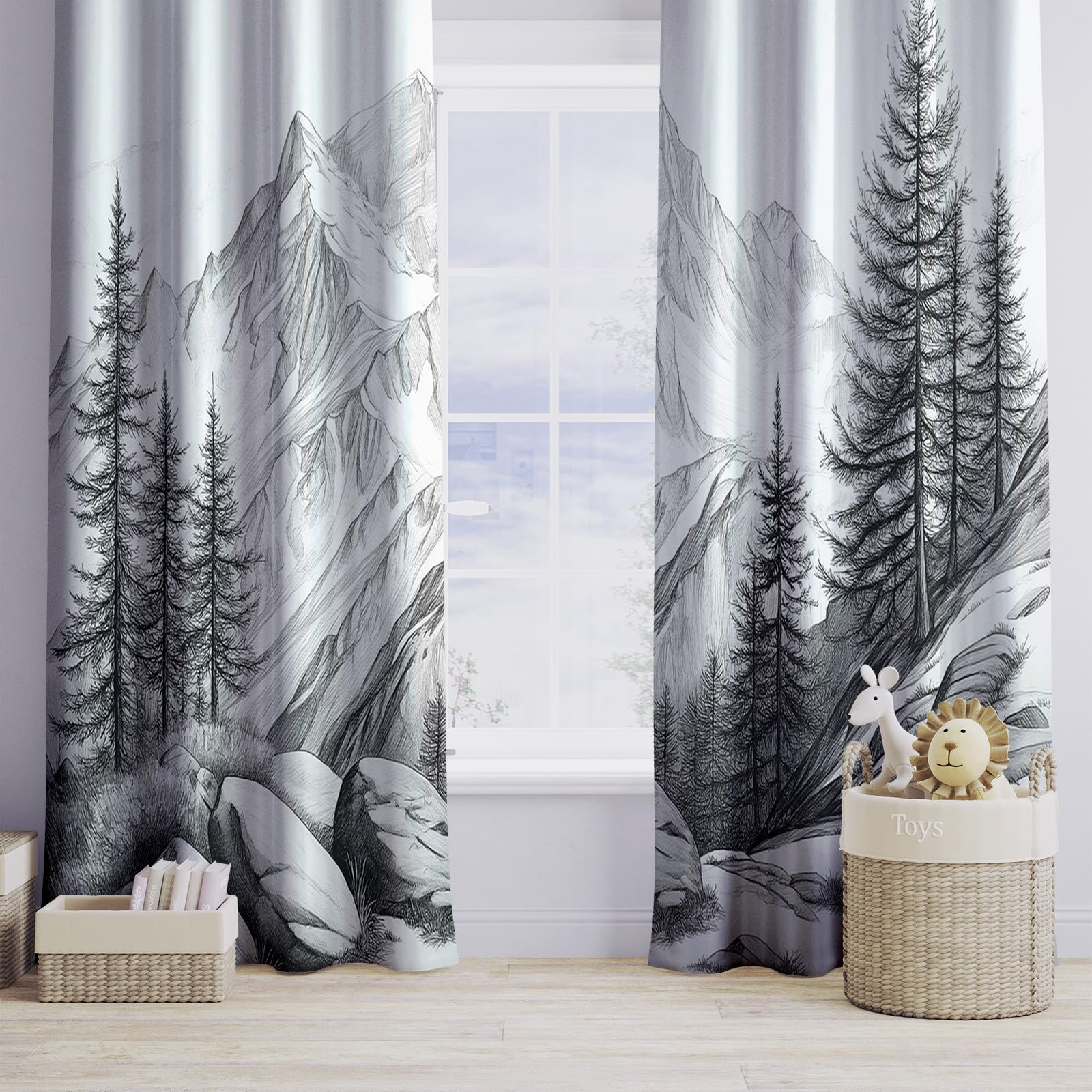 Cortinas Opacas para Niños Dibujo a lápiz una montaña Suiza, Cortinas Térmicas Aislantes Frío Calor Reduccion Ruido Proteccion Intimidad para Hogar Dormitorio Infantil, 2x140x245 cm