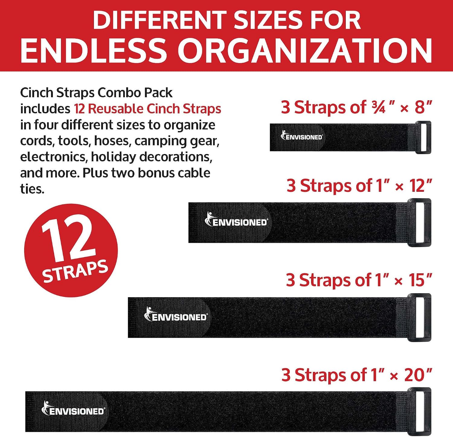 Reusable Cinch Straps Combo 12 Pack - Multipurpose Quality Hook and Loop Securing Straps - Comes with 3 of Each Size (3/4"x8", 1"x12", 1"x15", 1"x20") - Plus 2 Free Bonus Reusable Cable Ties image 2