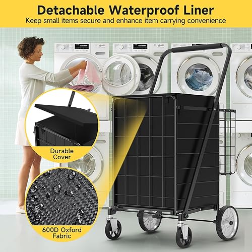 Miniatura 5 de APILAB - Carrito de compras para comestibles, carrito de comestibles con ruedas giratorias de 360, capacidad de 350 libras, carrito de comestibles