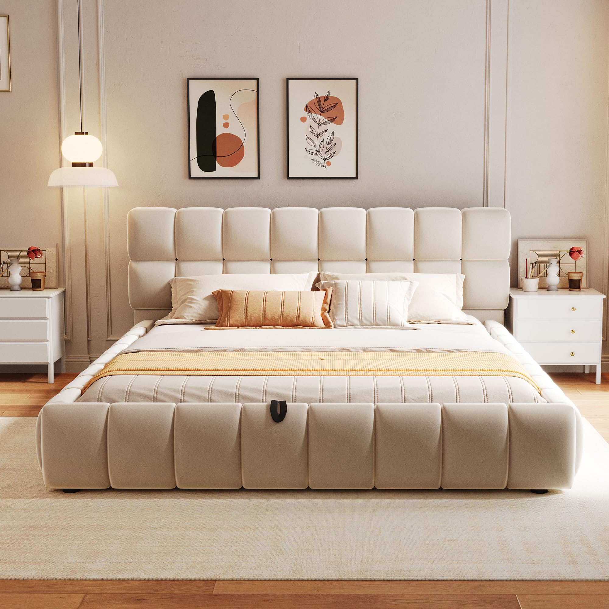 Cama tapizada de 140 x 200 cm, cabecero y laterales de cama con forma sólida y voluminosa, equipada con función de almacenamiento hidráulico, colchón integrado, cama doble, tela de terciopelo, sin