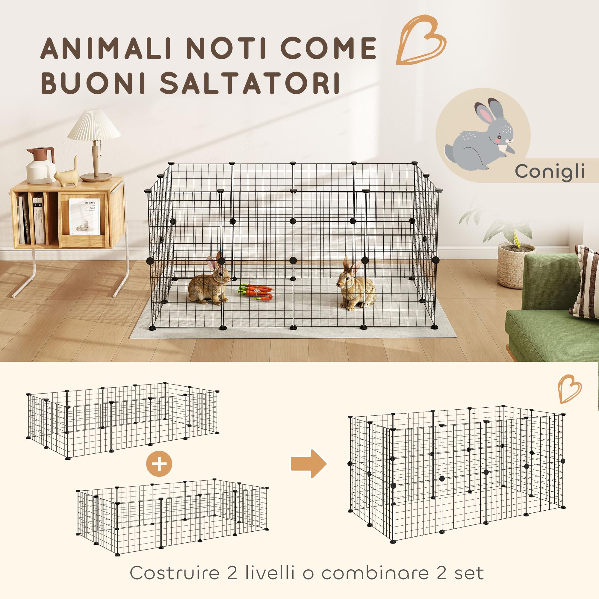 PawHut Recinto per Cuccioli e Piccoli Animali Modulabile in Metallo e PP, 12 Pannelli da 35x35cm Nero