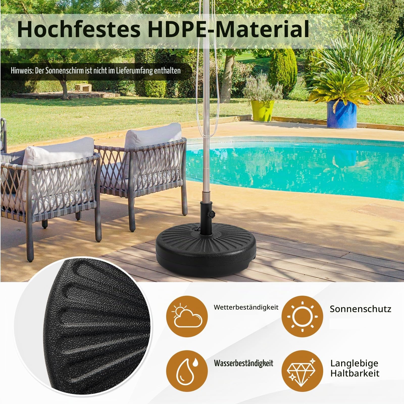 KOMFOTTEU Sonnenschirmständer befüllbar mit Wasser oder Sand, Schirmständer für Schirmstöcke von 38/48 mm, Sonnenschirmfuß mit Griff, Marktschirmständer für Garten, Terrasse, Strand (Modell 2)