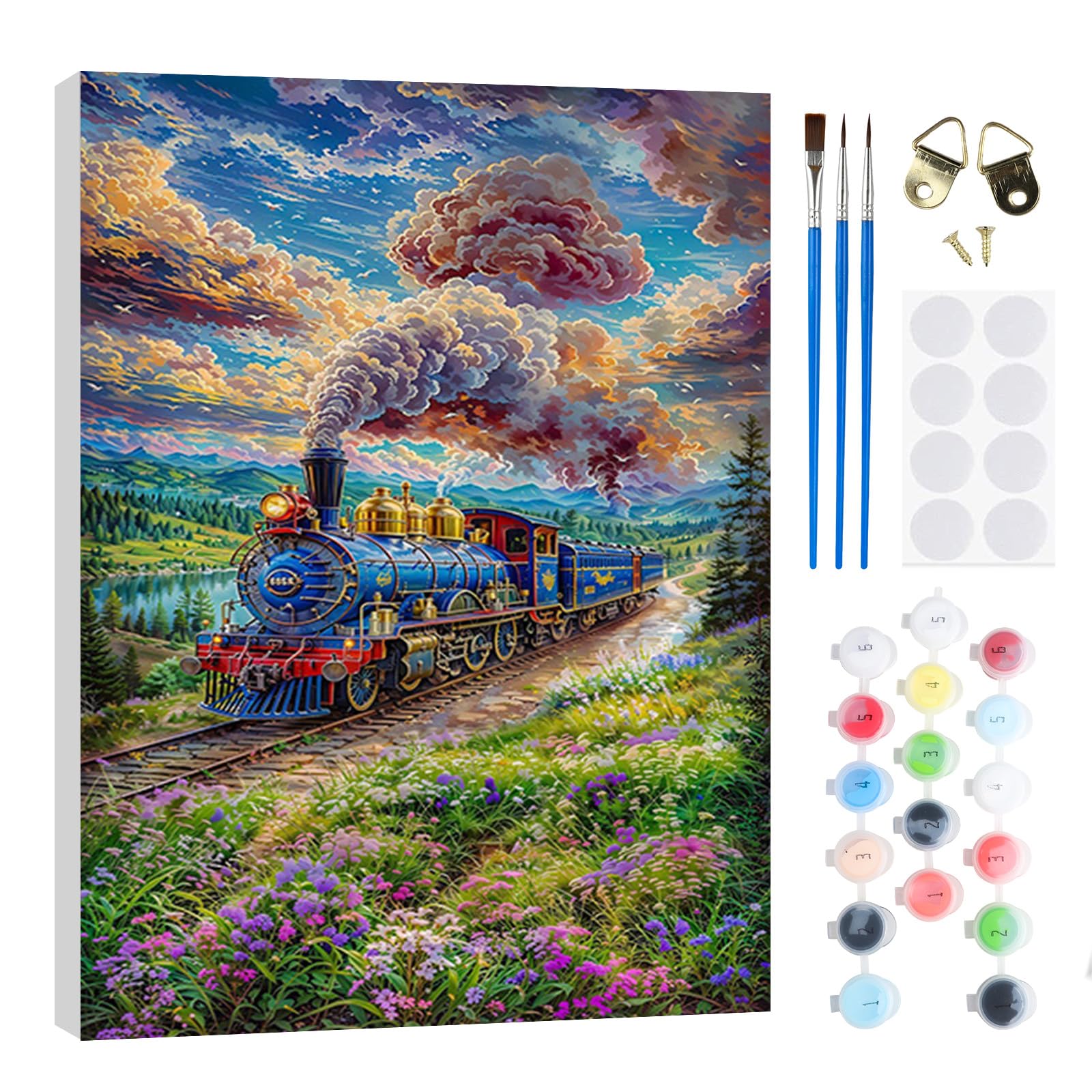 RICUVED DIY Train Paint by Numbers for Adults -Landscape Canvas Oil Painting Kits,Craft Art Painting with Wooden Frame Kit Acrylic Pigment Drawing Paintwork for Gift Home 20x30cm