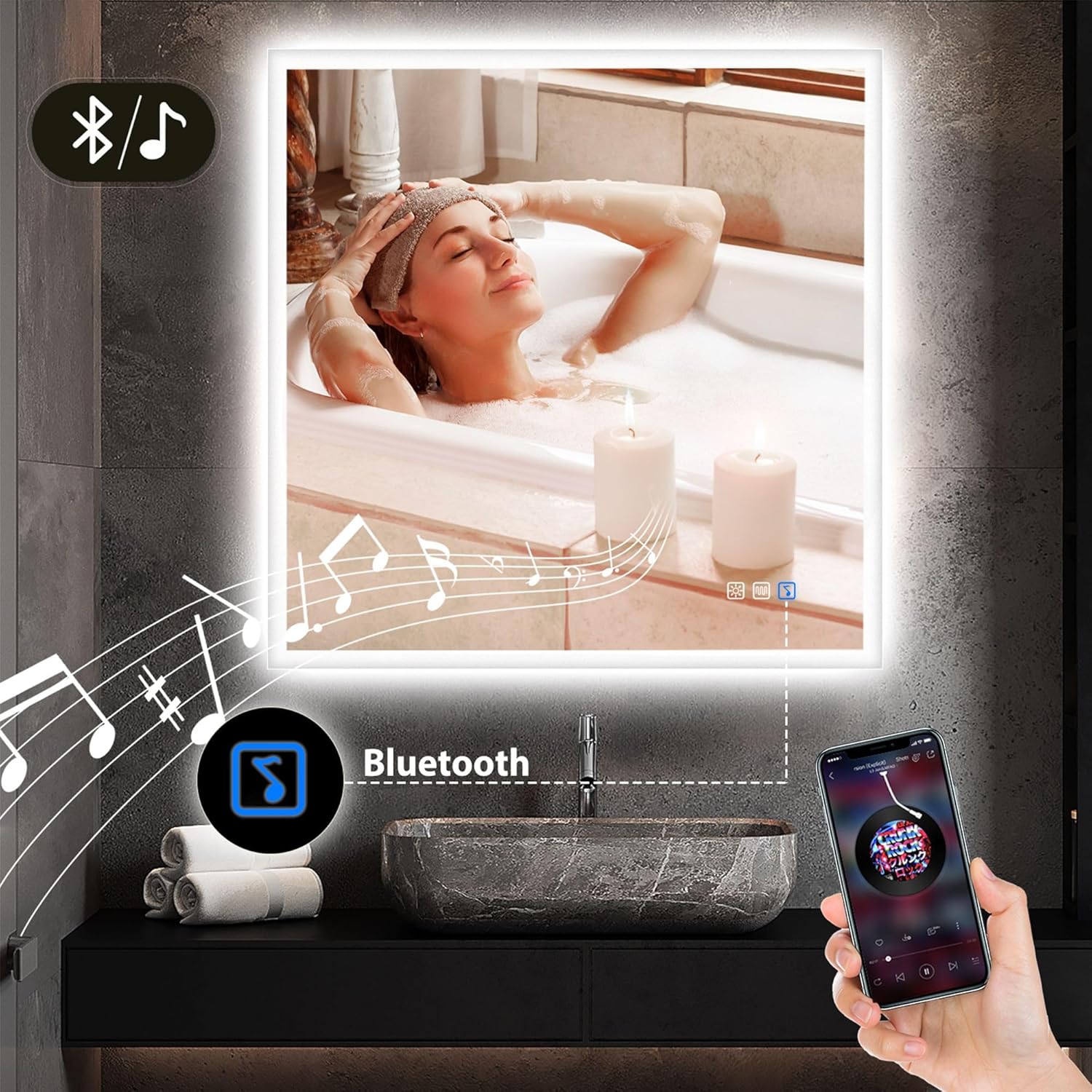 Image showing a smartphone connected via Bluetooth to the mirror, playing music.
