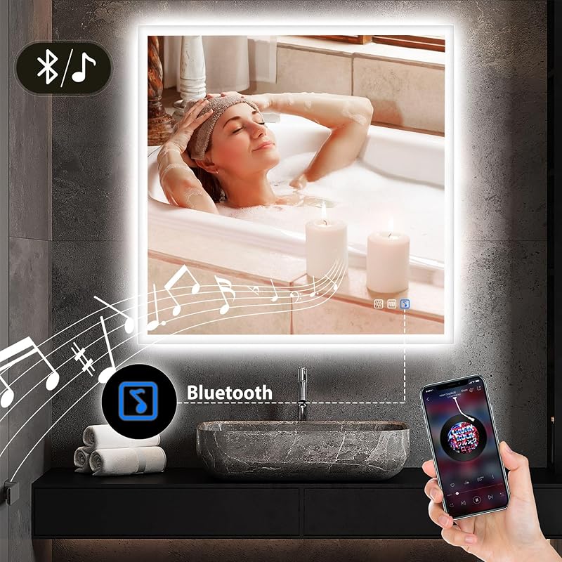 STARLEAD Fürdőszobai LED Tükör 80x80 cm - Fényerőszabályzós, 3 Színhőmérséklet, Páramentesítő, Bluetooth Hangszóró, IP44 Vízálló, Edzett Üveg