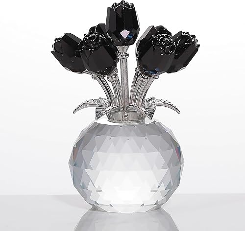 Movdyka Figura de cristal de rosa negra con jarrón, ramo de flores, regalos para esposa, novia, mujer, rosas negras falsas, decoración gótica de