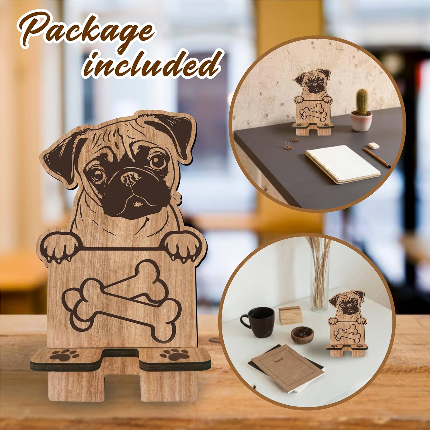 Dog Theme Wooden Phone Holder - Pug - Phone Stand, Charging Station for E-Book, Smart Phones, Tablets, Desktop Organizer, Dog Lover Gift - 03