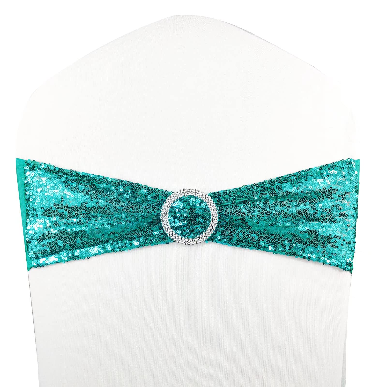 MYS QiQi Pack of 10 Stretch Sequin Chair Sashes, One-Sided Sequin with Buckle, for Wedding Party Chair Cover Decoration, Stretch Spandex Chairs Bands (10 PCS Cyan Blue)