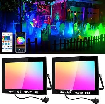 NATPOW LED Flood Lights RGB, 100W Floodlights Outdoor Colour Changing with Remote&APP Control, DIY Mode Party Lights, Security Lighting IP66 Waterproof for Garden, Christmas Stage Decoration2Pack [Energy Class F]