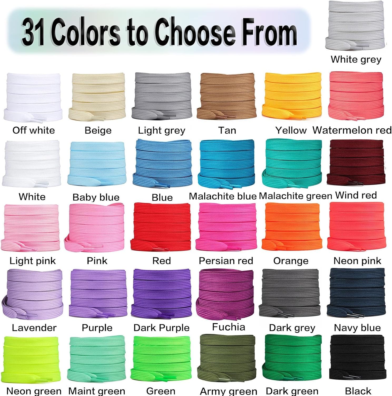 Booyckiy 2 Pairs Flat Shoe Laces for Sneakers, 31 Colors Shoelaces, 27"-72"