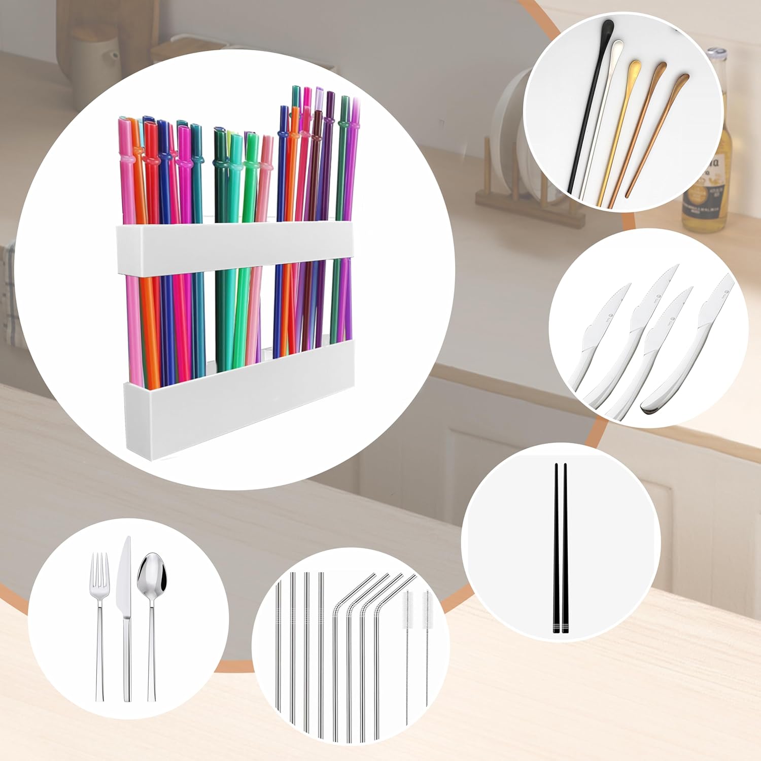 Straw Holder for Cabinet Door, 9.5’’ Large Acrylic Adjustable Straws Organizer with Ultra Sticky Adhesive Strips, Reusable Tumbler Straw Organizer Storage for Kitchen Counter Cupboard Door - Image 7