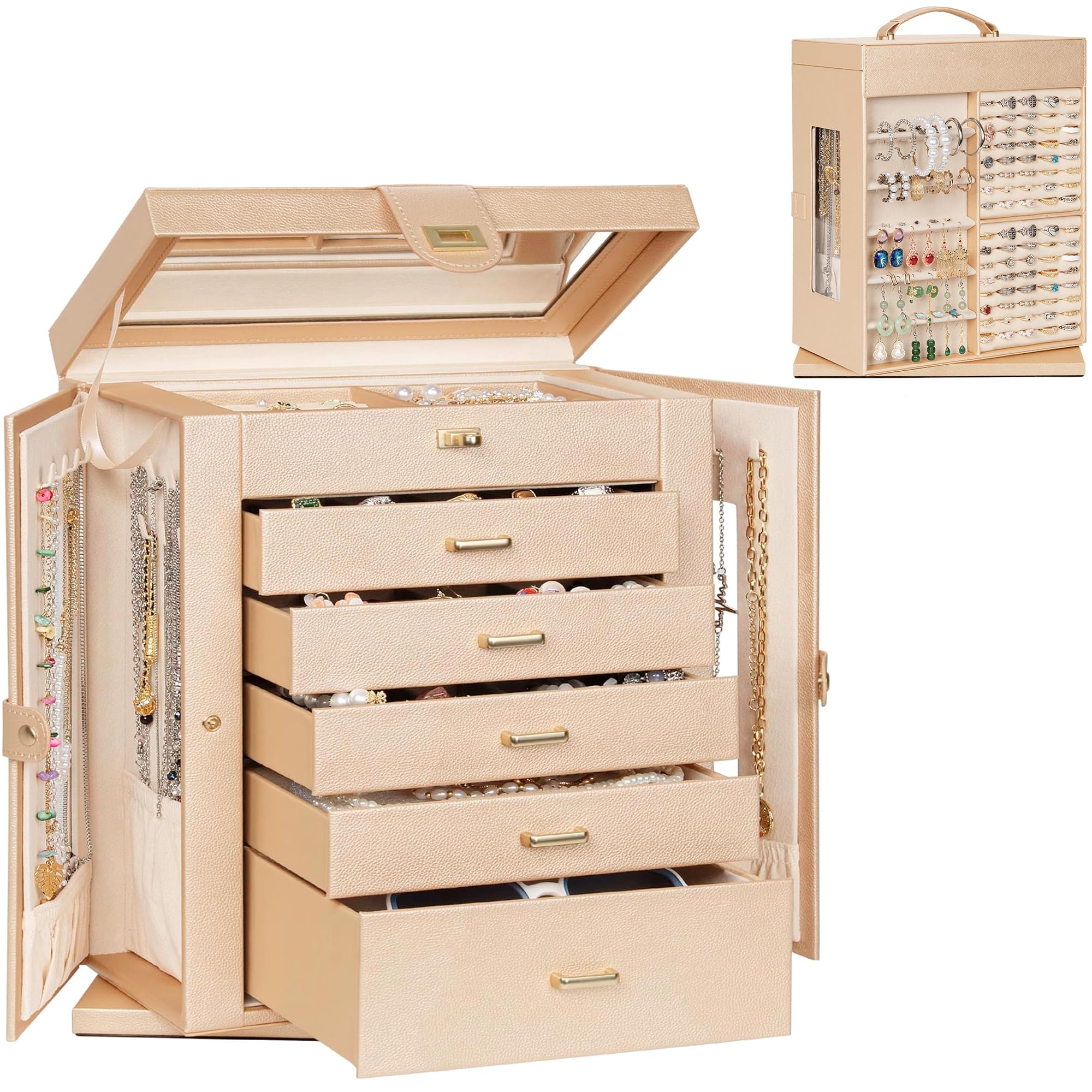 AKOZLIN Jewelry Box 360° Rotating 6-Tier Functional Jewelry Storage Case Organizer for Women Girls Ring Necklace Earring Bracelet Holder with Mirror