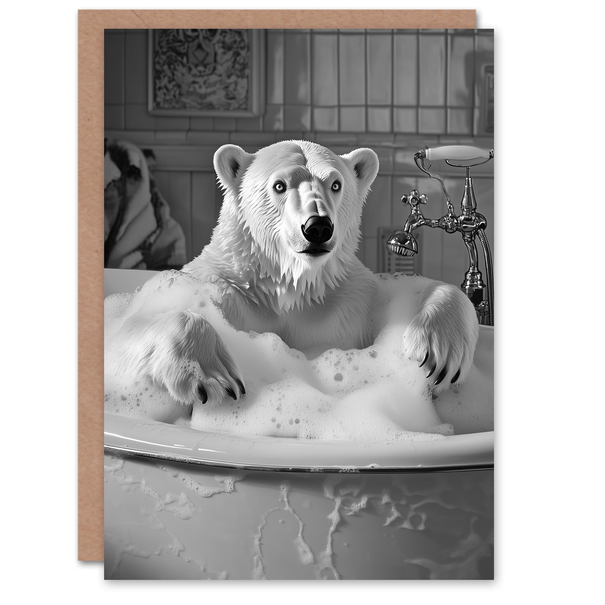 Artery8 - Greeting Card - Polar Bear Bathtub Bubble Bath - Funny - Grey
