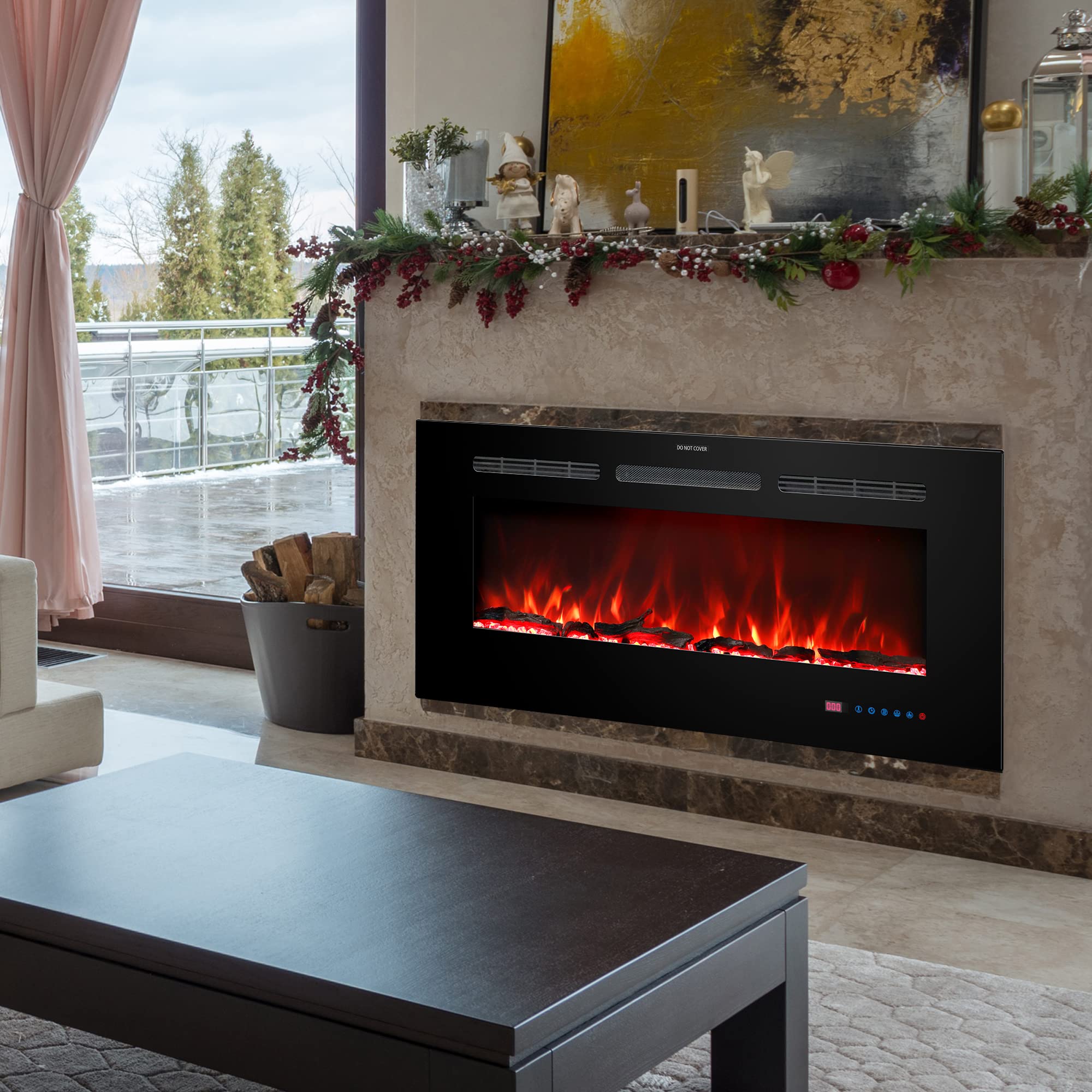 Inserti per camino elettrico da 152 cm, riscaldatore da incasso e a parete, camino/termostato lineare, telecomando e touch screen, fiamma multicolore, timer, ceppo e cristallo, 750W/1500W