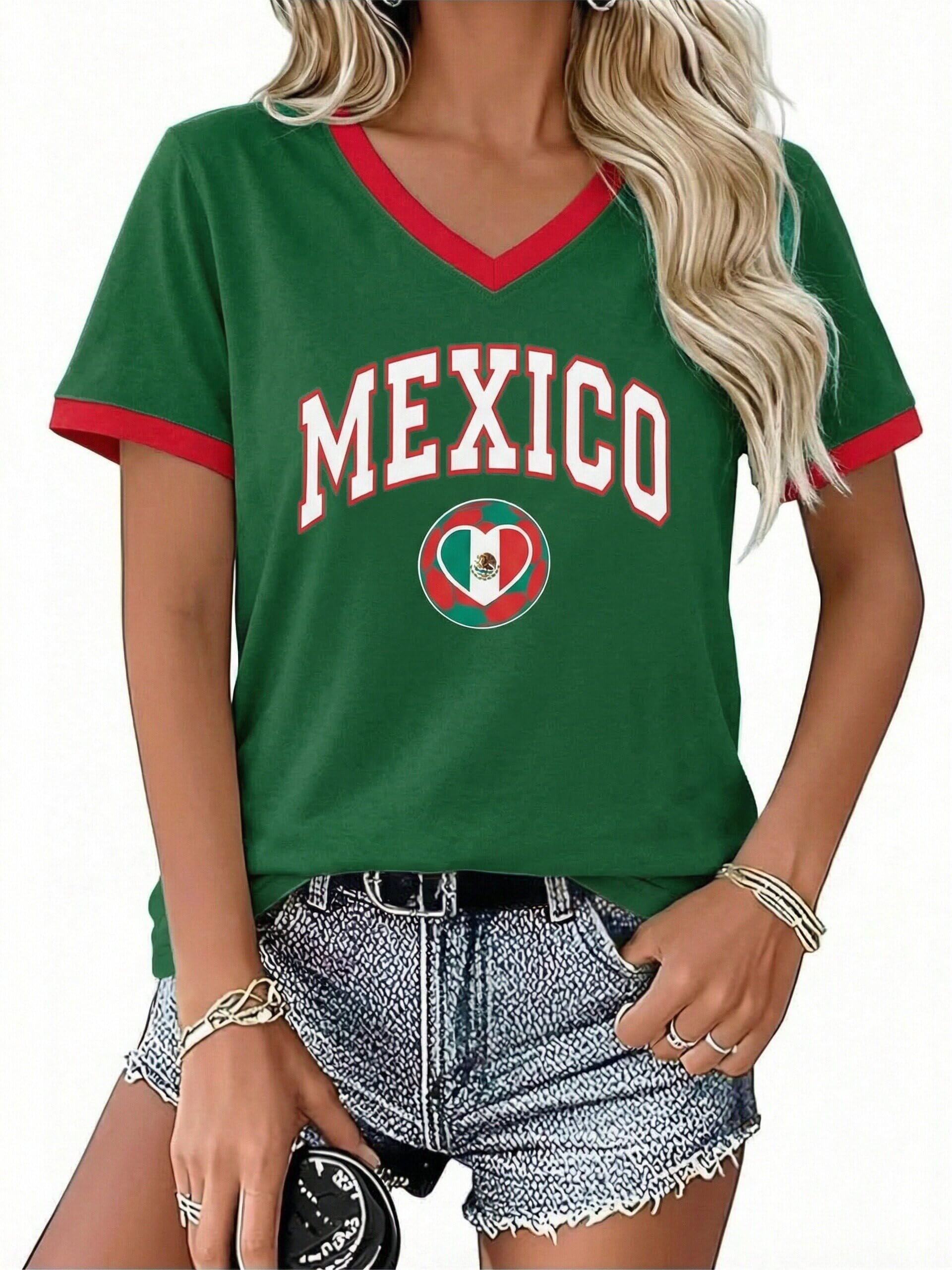 Soccer Cup 2026 Shirt Women Mexico Shirts Brazil Jersey Funny Soccer Graphic Jerseys Y2k V Neck T Shirts, Green-mexico, XXL