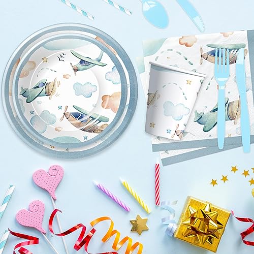 Miniatura 5 de HIPVVILD Platos de cumpleaños y servilletas de avión, suministros para fiesta, decoración de fiesta de avión, vajilla, plato de papel, taza,