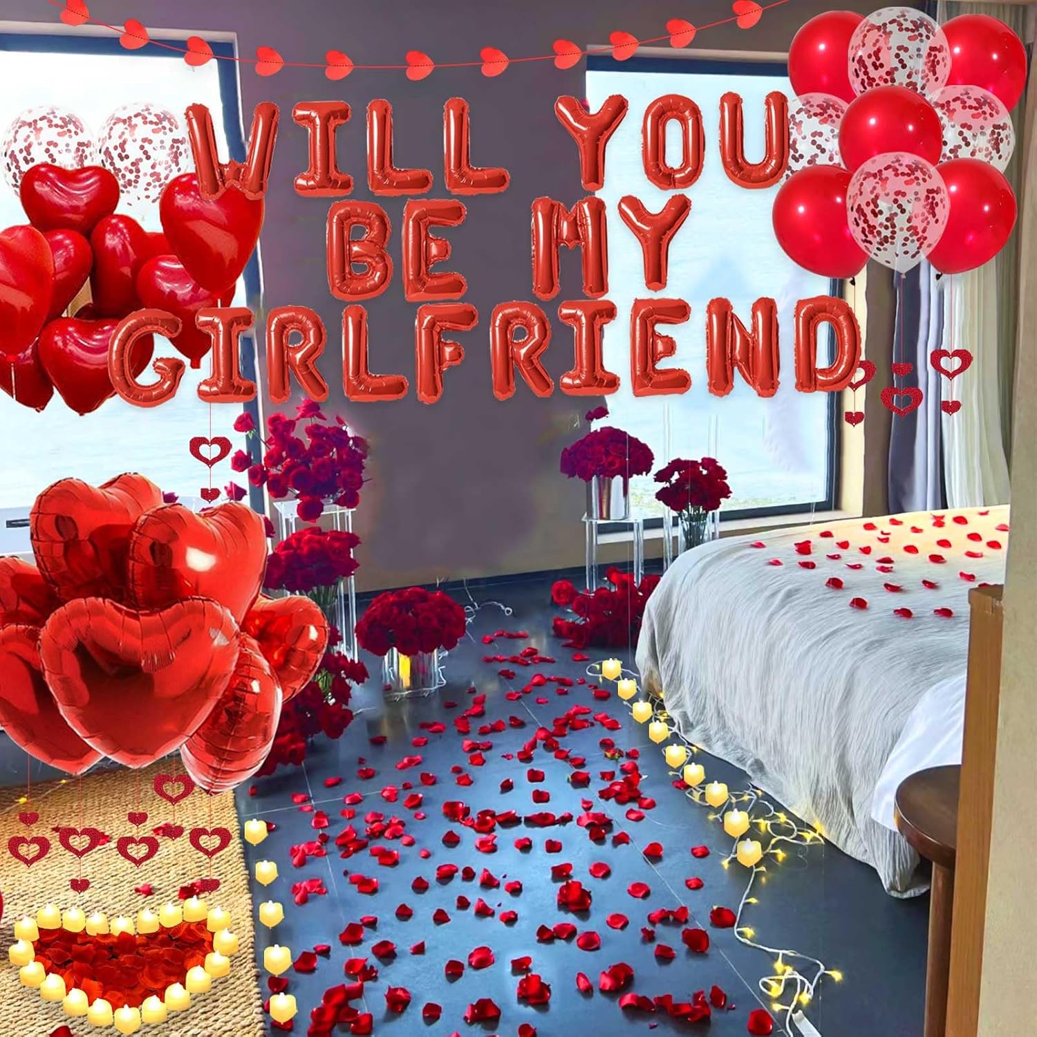 Red Will You Be My Girlfriend Balloons - 2000pcs Red Artificial Rose Petals 48pcs Flameless LED Candle Tealight 21pcs Letter Balloons 18" Heart Balloon Latex Balloon for Valentines Day Decorations