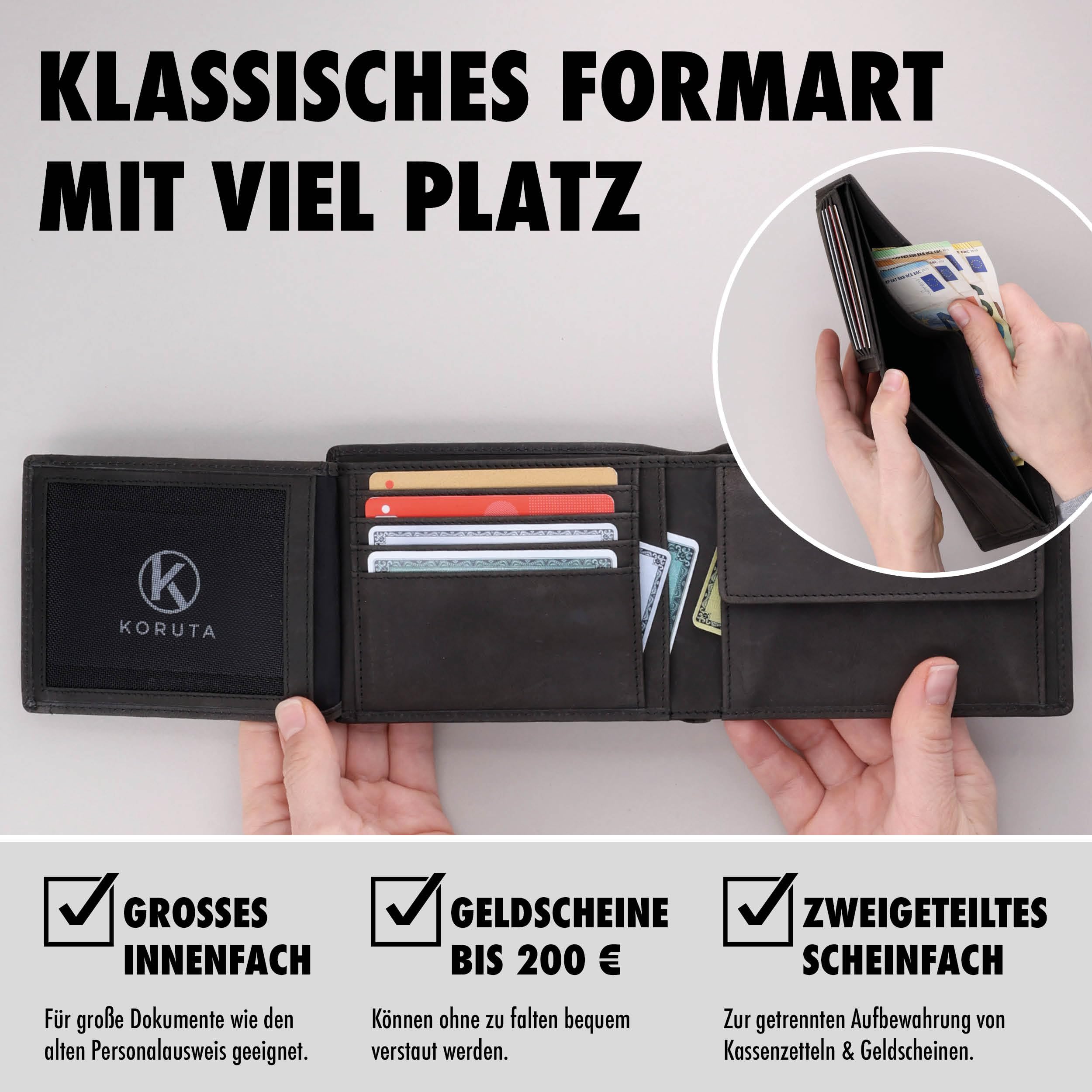 KORUTA Geldbörse Herren Leder Braun RFID Schutz Echtleder Portemonnaie Groß 13 Fächer Geldbeutel für Männer Brieftasche Wallet Schwarz