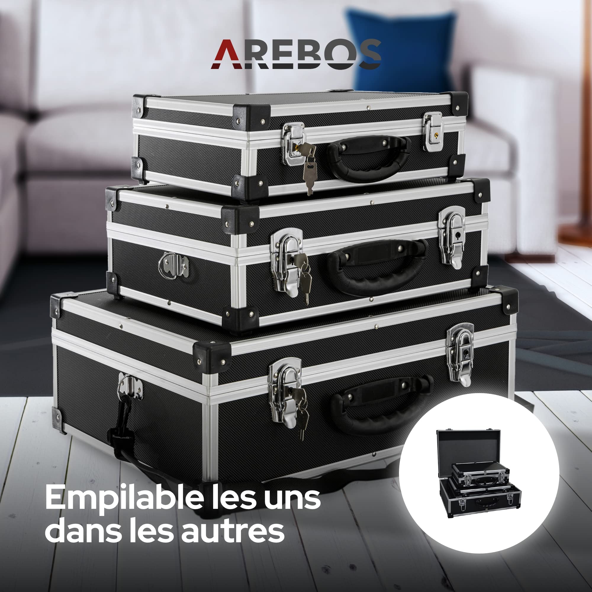 Arebos Lot de 3 valises de rigides | 50L volume total | verrouillable | boîte à outils | rangement | voyage | poignée télescopique