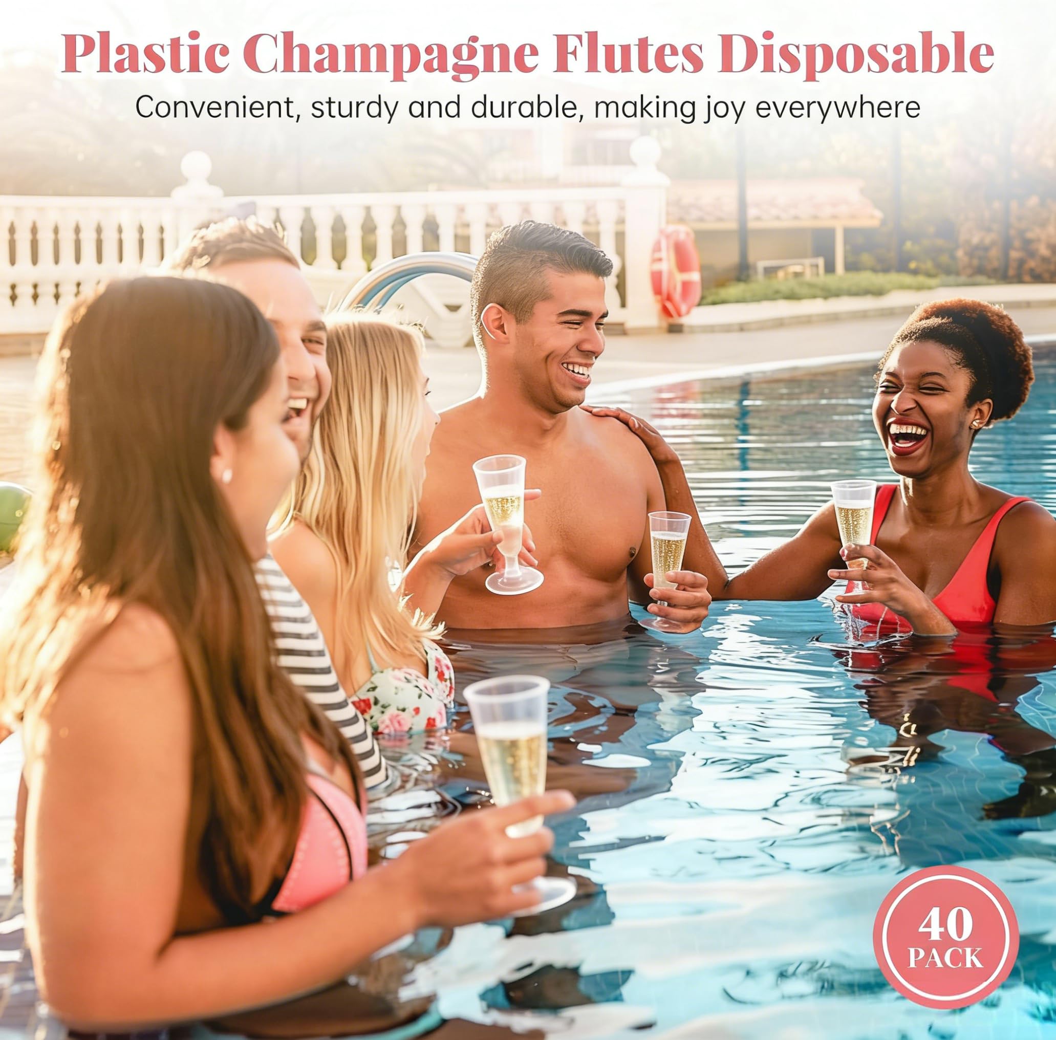 SUREHOME Copas de champán de plástico, paquete de 40 copas de champán desechables de 5 onzas, vasos de mimosa de plástico transparente para boda, copas de cóctel a granel para fiestas de Año Nuevo