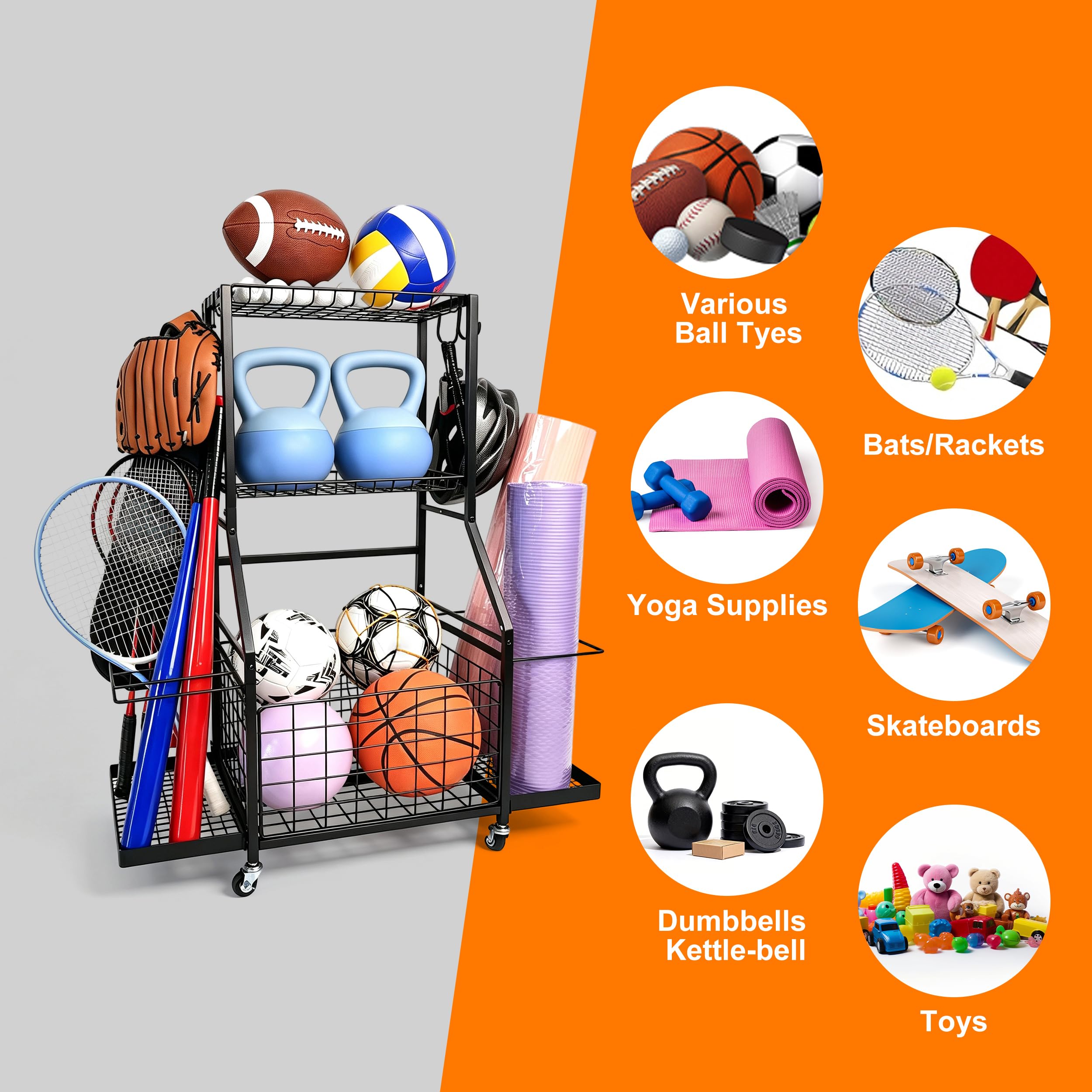 Garagen-Sportgeräte-Organizer, Garagenregal mit Haken und Rädern, Sportorganizer & Ballablage für Fußball, Fussball, Schläger und Spielzeuge