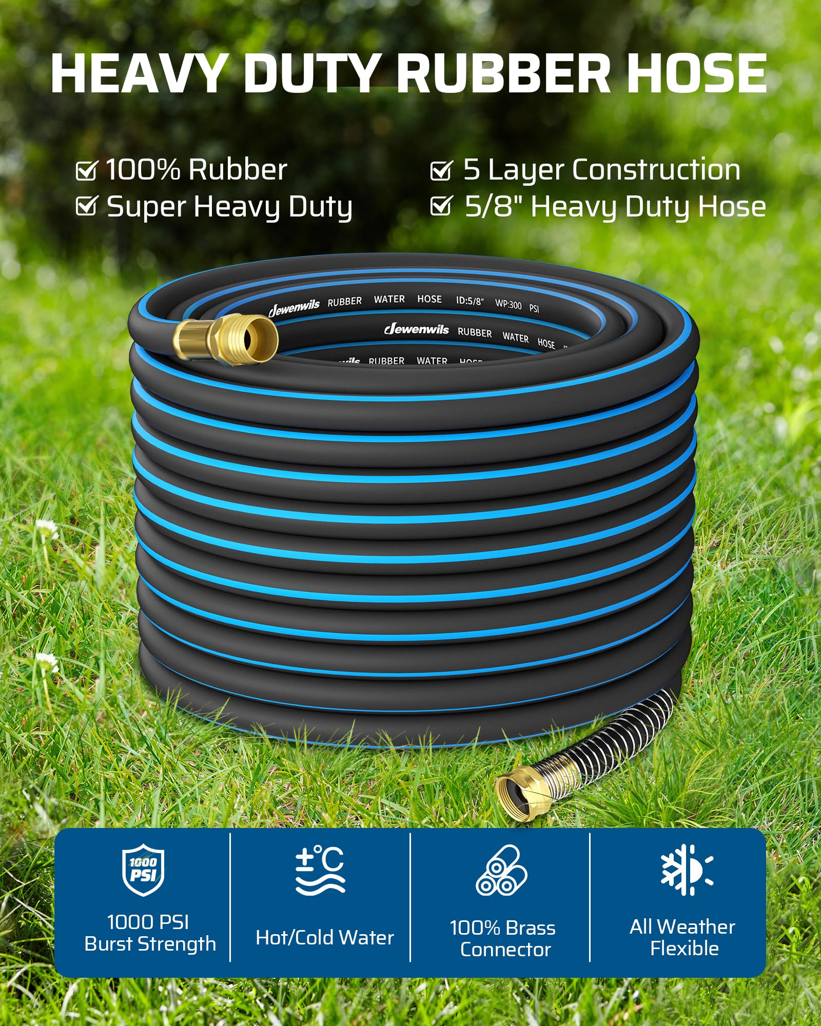 DEWENWILS Tubo da giardino resistente da 1,5 cm x 2,5 m, funzionamento 300 psi e scoppio da 1000 psi, raccordi in ottone massiccio da 3/4", acqua calda/fredda, costruzione a 5 strati, tubo in gomma