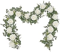 Dolicer 2-Pack 13ft Artificial Eucalyptus Garlands with 8 White Roses - Realistic Faux Greenery Vines for Wedding Arches, Table Centerpieces & Party Backdrops