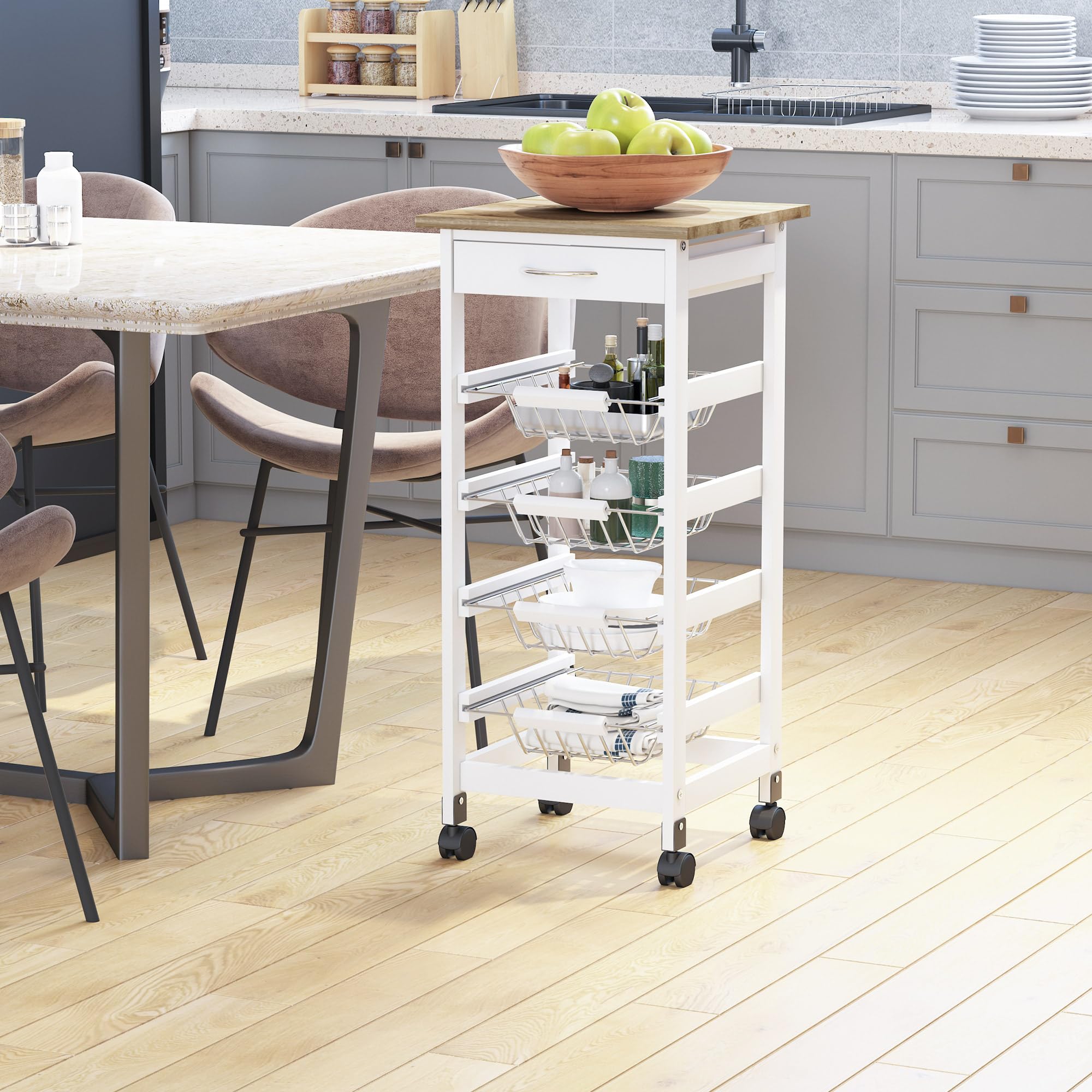 HOMCOM Desserte Cuisine à roulettes, 4 Paniers Métal + Tiroir, Blanc | Chariot de Cuisine, Chariot de Service, Rangement Légumes, Petit Espace, Salle de Bain, Bois de Pin