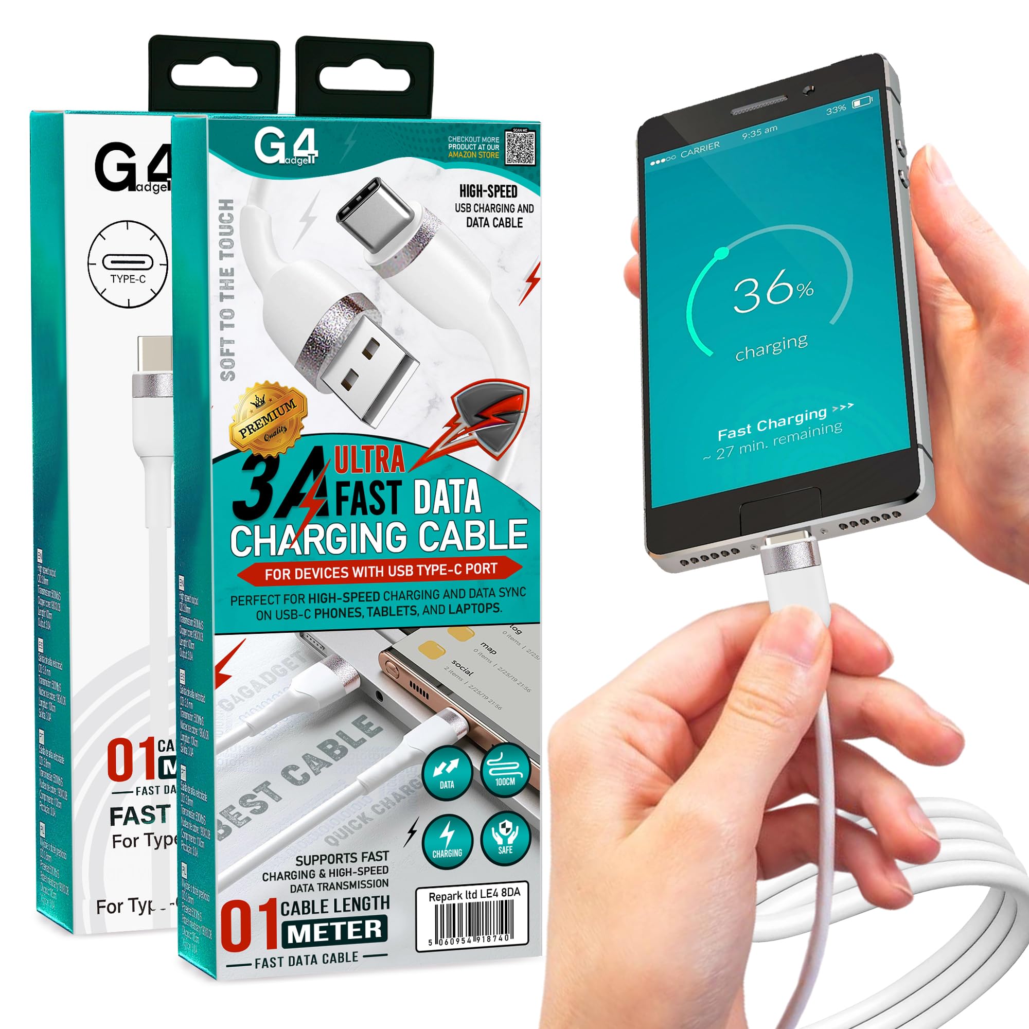 G4GADGET USB A to USB C Cable [2-Pack, 1M Each, 60W 3A] Fast Charging Type-A to Type-C Charger Cord – High Speed Sync & Charge Cord for Phone, Tablet, Power Bank, USB Type A to C