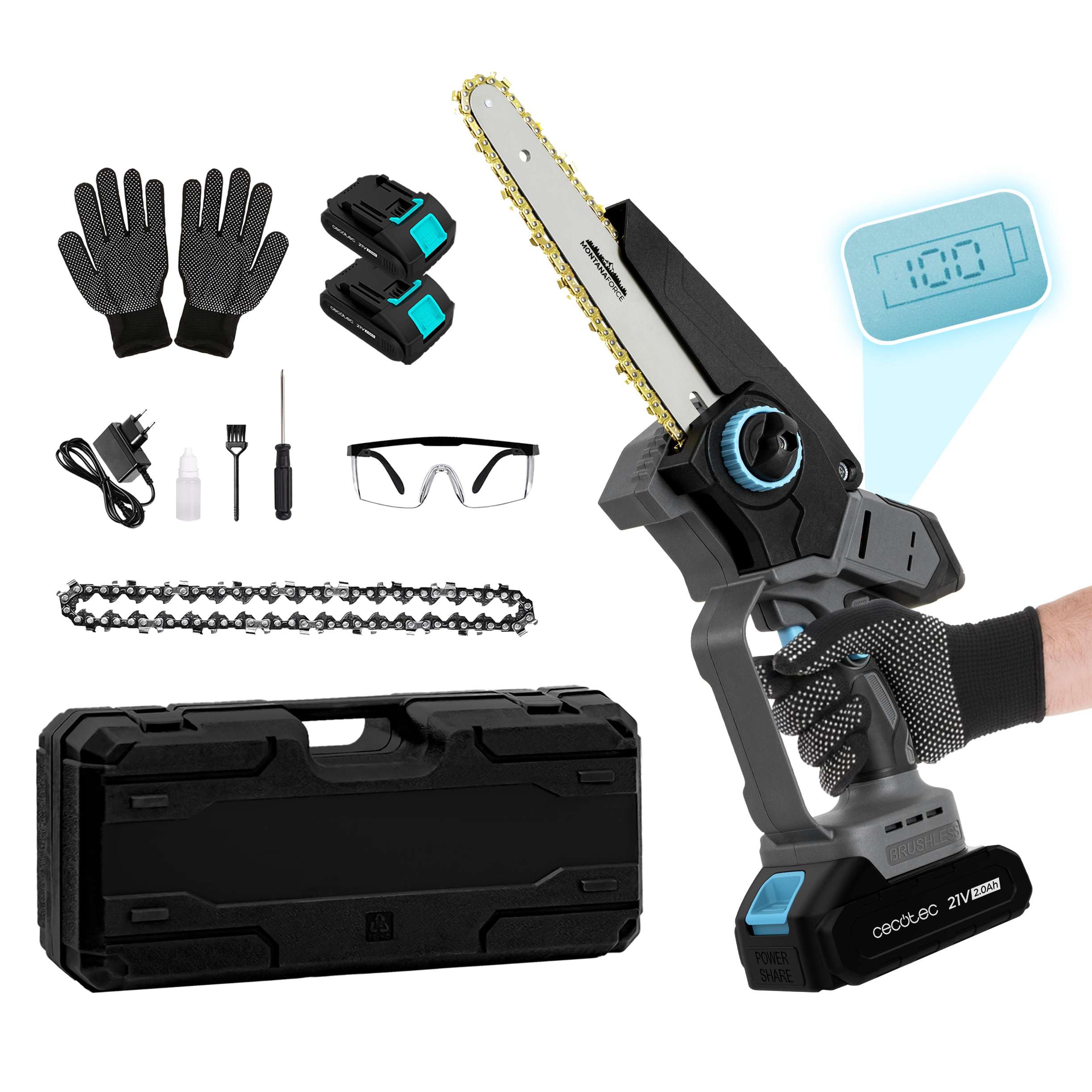 Cecotec Sierra de Podar 8" a Batería 21V MontanaForce 8000 Hand. 1100W, Velocidad 21500rpm, Engrasador a Botón, Incluye 2 Baterías Nexus, Maletín, Cadena de Repuesto y Accesorios