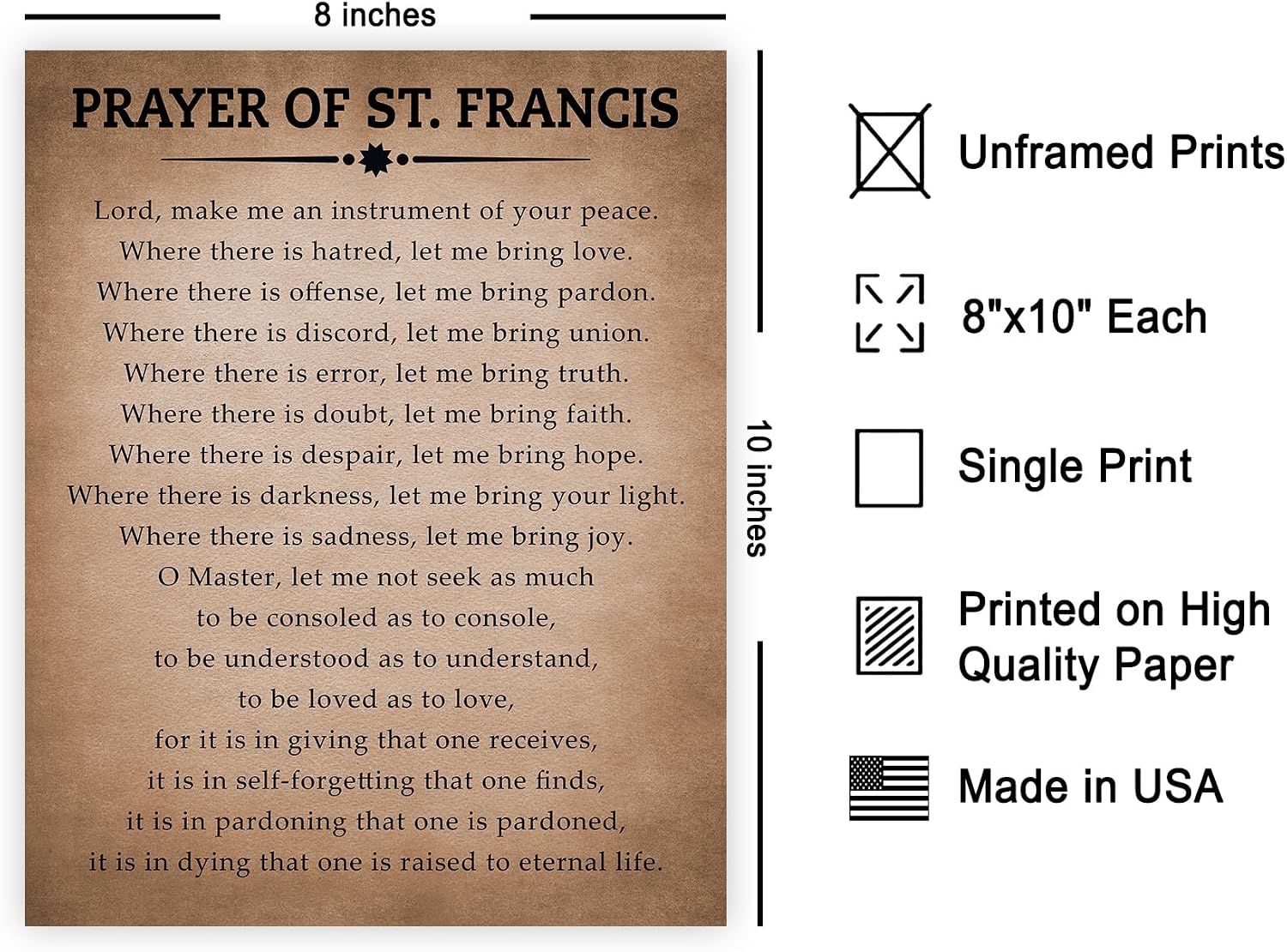 Poster Master Prayer of Saint Francis Poster - Instrument of your Peace Print - Inspirational Art - Religious Gift for Men, Women - Christian Decor for Living Room, Chapel - 8x10 UNFRAMED Wall Art