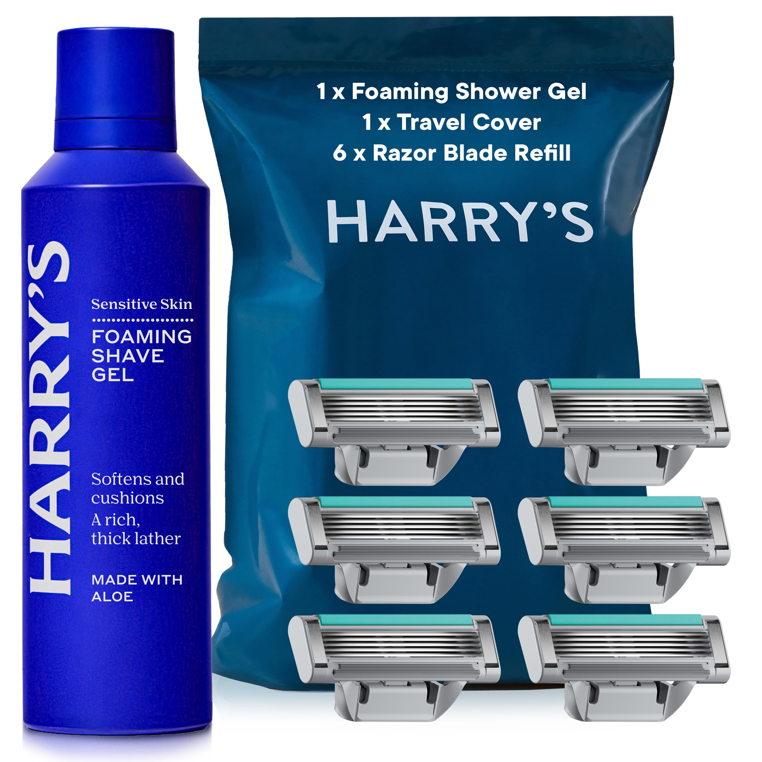 Harry's Plus Razor Blades Refill and Foaming Shave Gel, (6) Refills with Precision Trimmer, 60ml Foaming Shave Gel - Blades Compatible with 'Harry's Plus'