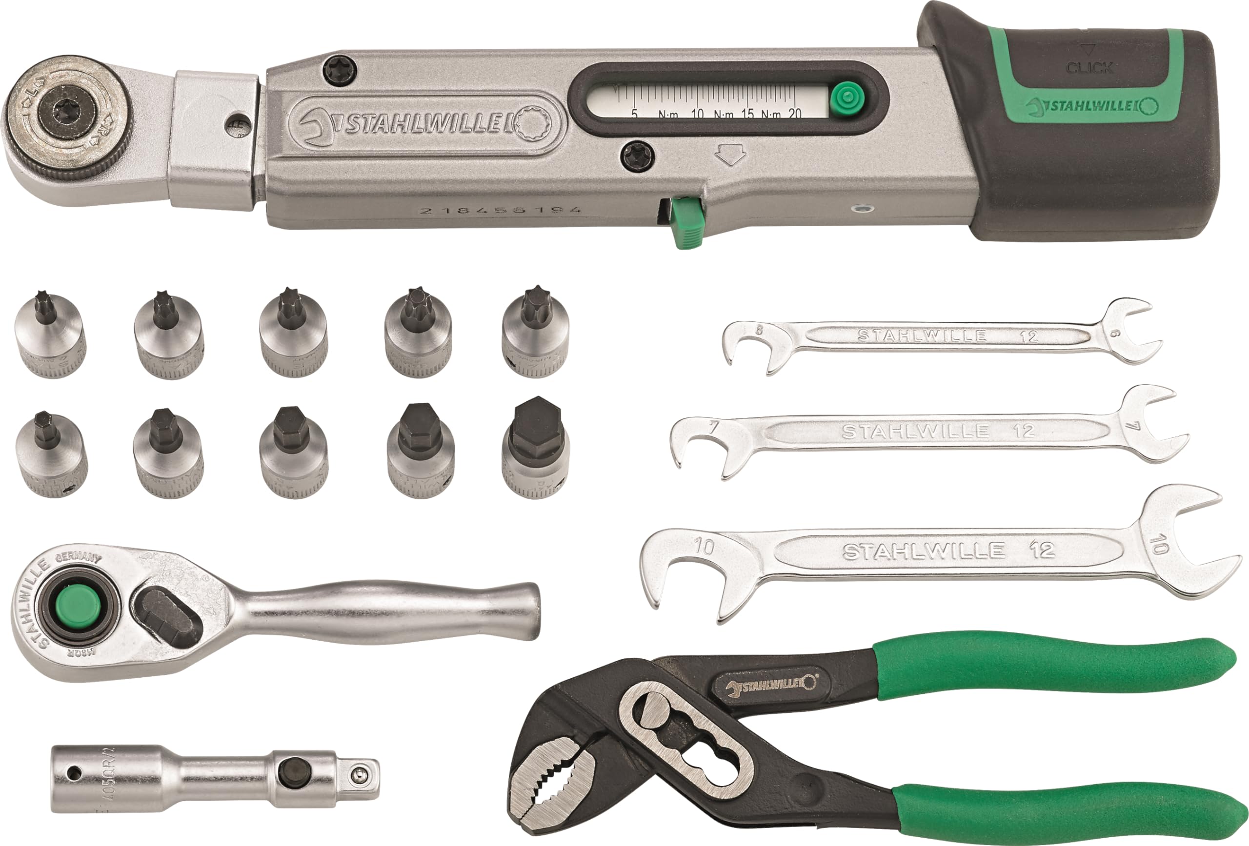 STAHLWILLE Zestaw narzędzi rowerowych 18-częściowy | 1/4" klucz dynamometryczny 4-20 Nm, TORX, klucz imbusowy | w praktycznej torbie na ramę