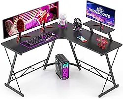 Mr IRONSTONE Mesa de jogos em forma de L, mesa de computador de canto para escritório em casa, estação de trabalho de escrita com suporte de monitor grande, fácil de montar (preta, 130 cm)