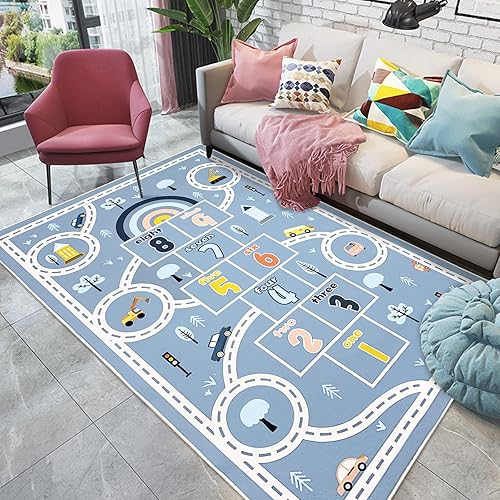 Miniatura 5 de Abeigoi Alfombra infantil de 4 x 6 pies, alfombra de automóvil Hopscotch para niños, alfombra de área para niños, alfombra lavable para el aula,
