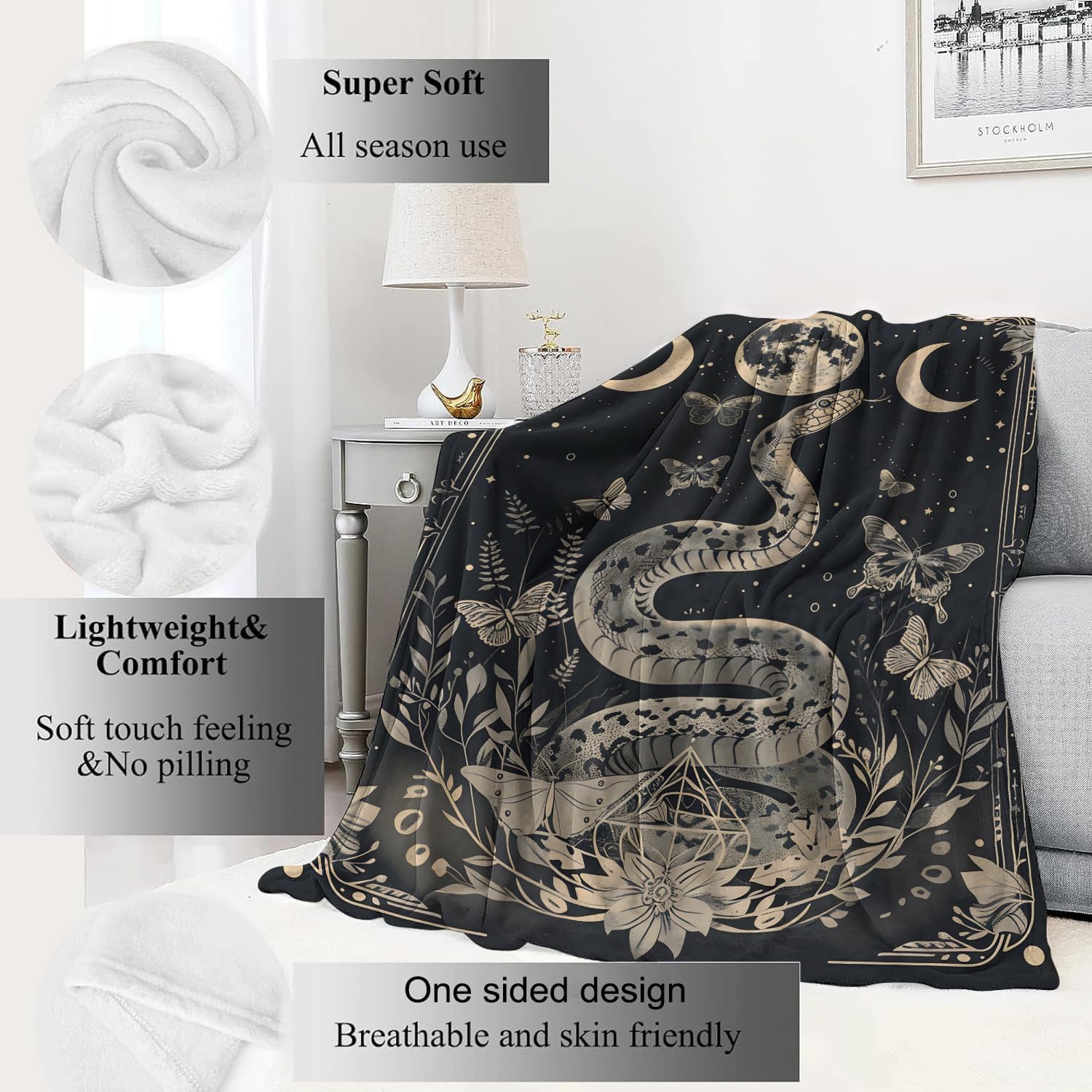 Mystic Snake Blanket Celestial Moon Throw Blankets,Birthday Gifts for Kids Adult,Lightweight Soft Fleece,with Astrology Butterfly,Sofa Couch Bed Room Horror Spiritual Decor 50x60in - Image 2