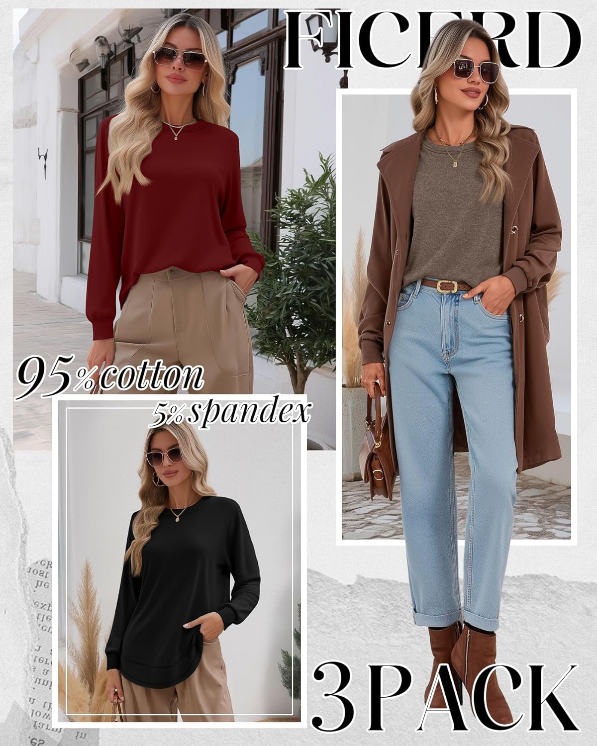 Ficerd 3 Pack Women's Long Sleeve Shirts, Cotton Crew Neck Tunic Tops Casual Loose Fit Pullover Sweatshirts Curved Hem Shirts - Image 2