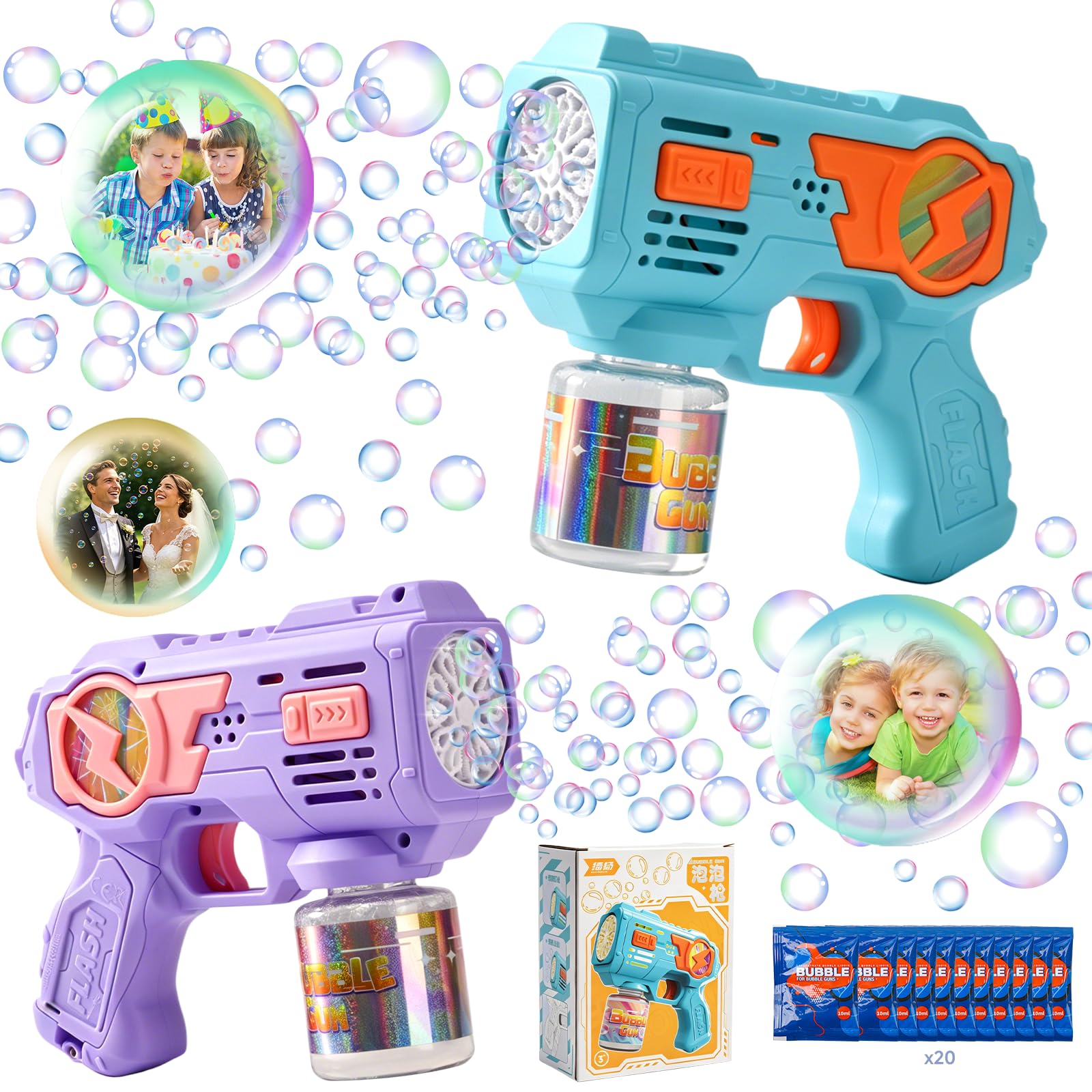Set da 2 Pistole a Bolle per Bambini, Pistola a Bolle Automatica con Luci LED e 20 Bustine di Concentrato (10 ml), Macchina Bolle di Sapone Elettrica per Esterno, Compleanno e Feste