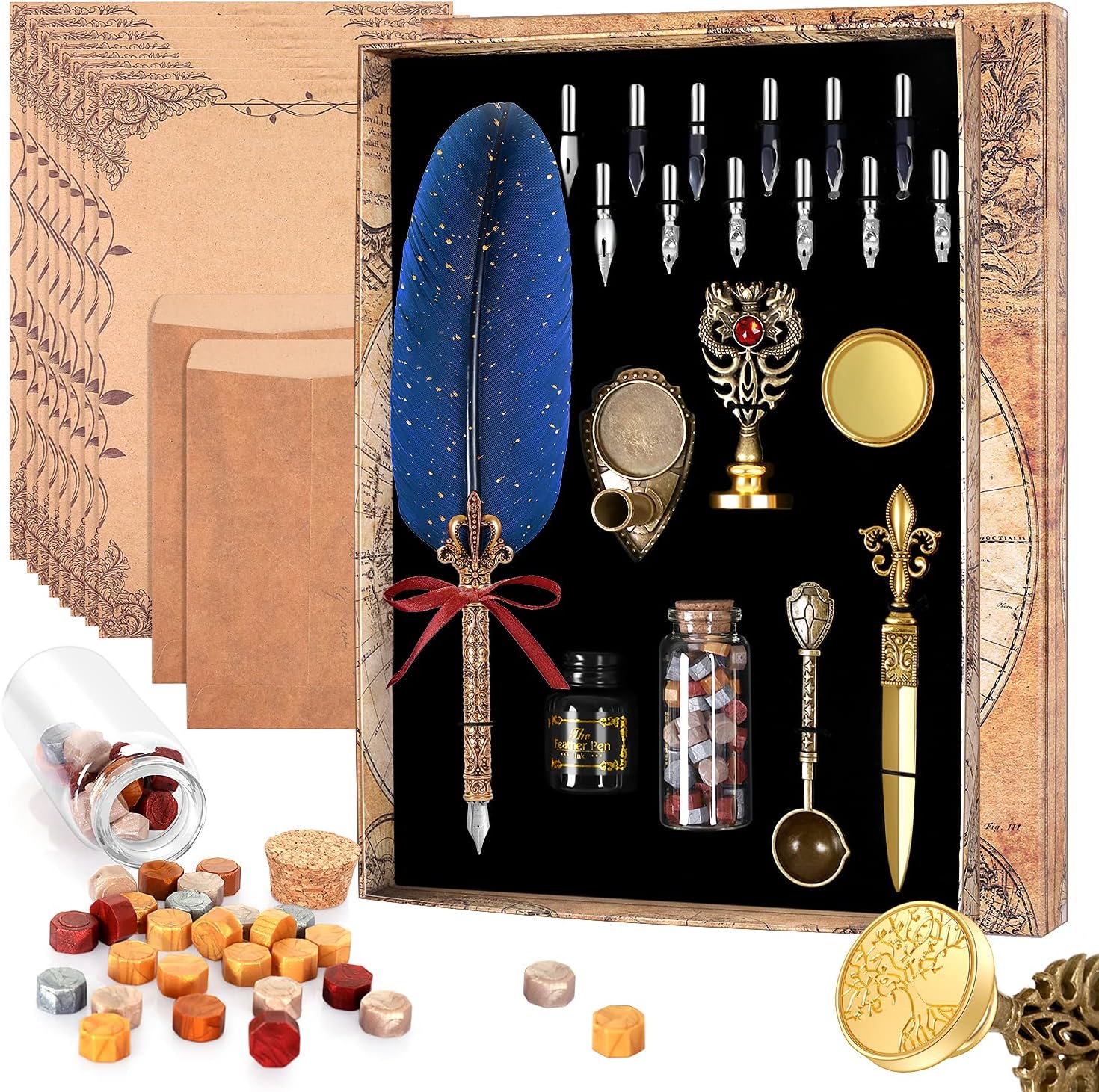 Quill Pen-Feather Calligraphy Pen Ink Set,Includes Feather Dip Pen,Ink,12 Replacement Nibs,Pen Holder,2 envelopes,8 sheets of envelope paper,Tree of Life Seal,Scented candle,1 bottle of wax seal(Blue)