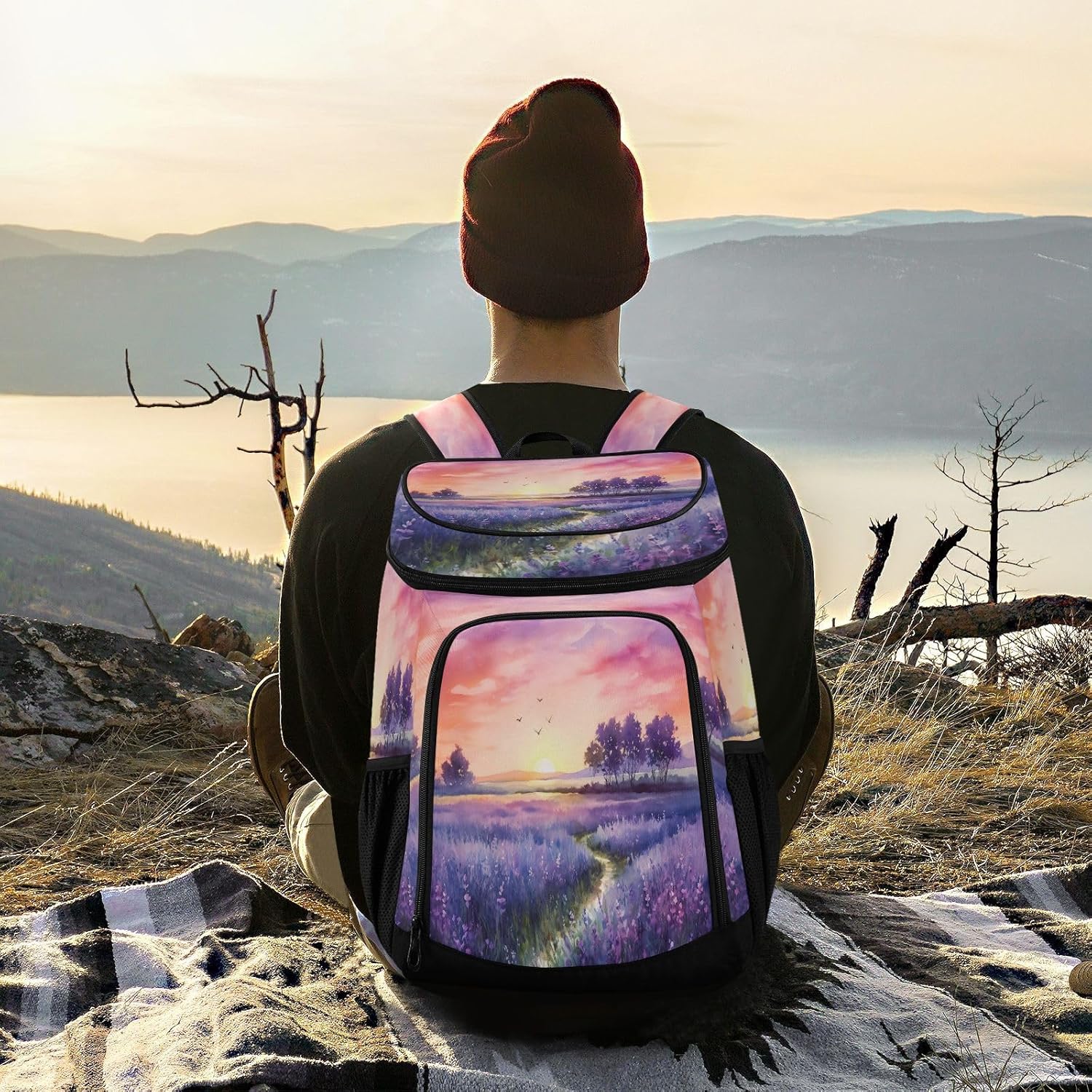 Lavender Sunse Cooler Backpack 36 Cans Leakproof Waterproof Backpack Cooler Bag Beach Accessories Travel Camping Fishing Backpack for Women Men