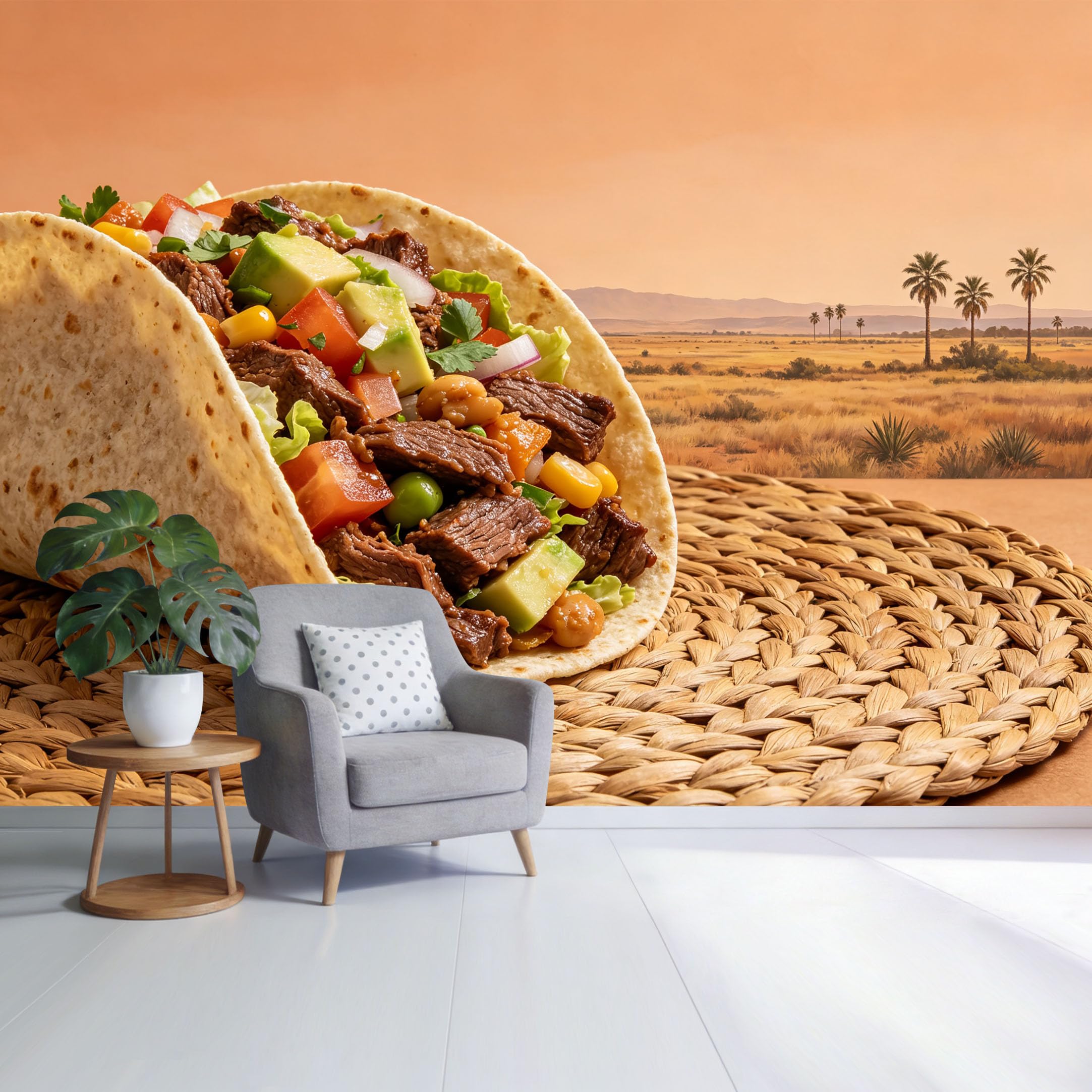 Custom Size Wall Mural Desert Landscape with Palm Trees and Mexican Taco Food Art SelfAdhesive Wall Fabric Removable Wallpaper for Home Office Decor