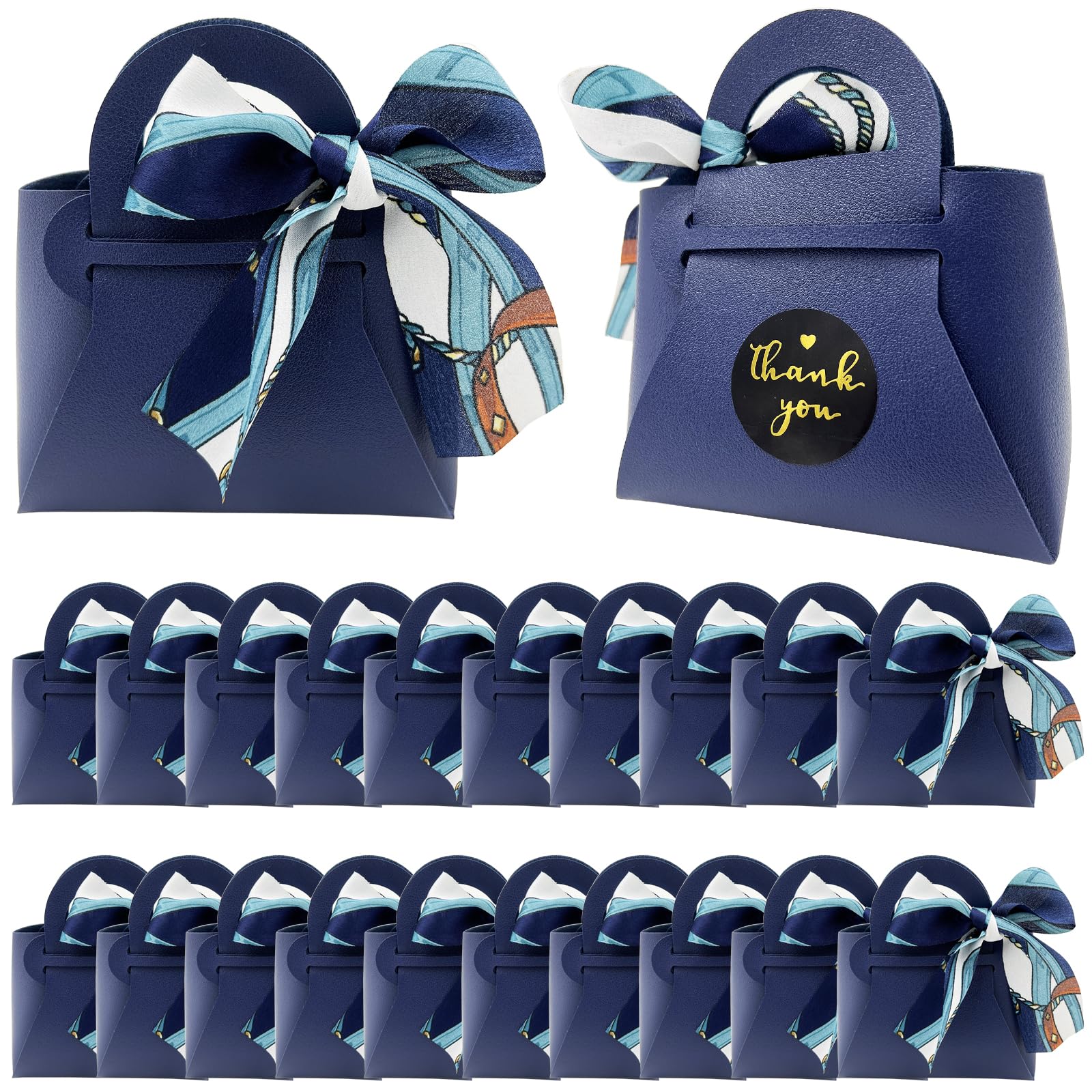 DUGYIRS 20 Pieces PU Leather Gift Bags with Satin Ribbon,Reusable Gift Boxes for Weddings,Birthday,Baby Showers,Candy(Dark Blue)